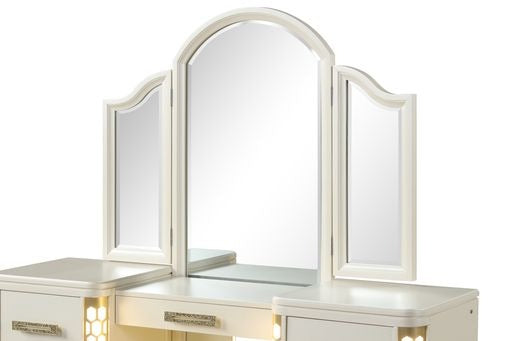 Vanity Set With Side Led Lightning Made With Wood In Beige Beige Drawer 5 Drawers & Above Ball Bearing Glides Bedroom Contemporary,Modern Acacia Mirror Included Solid Wood Mdf Wood