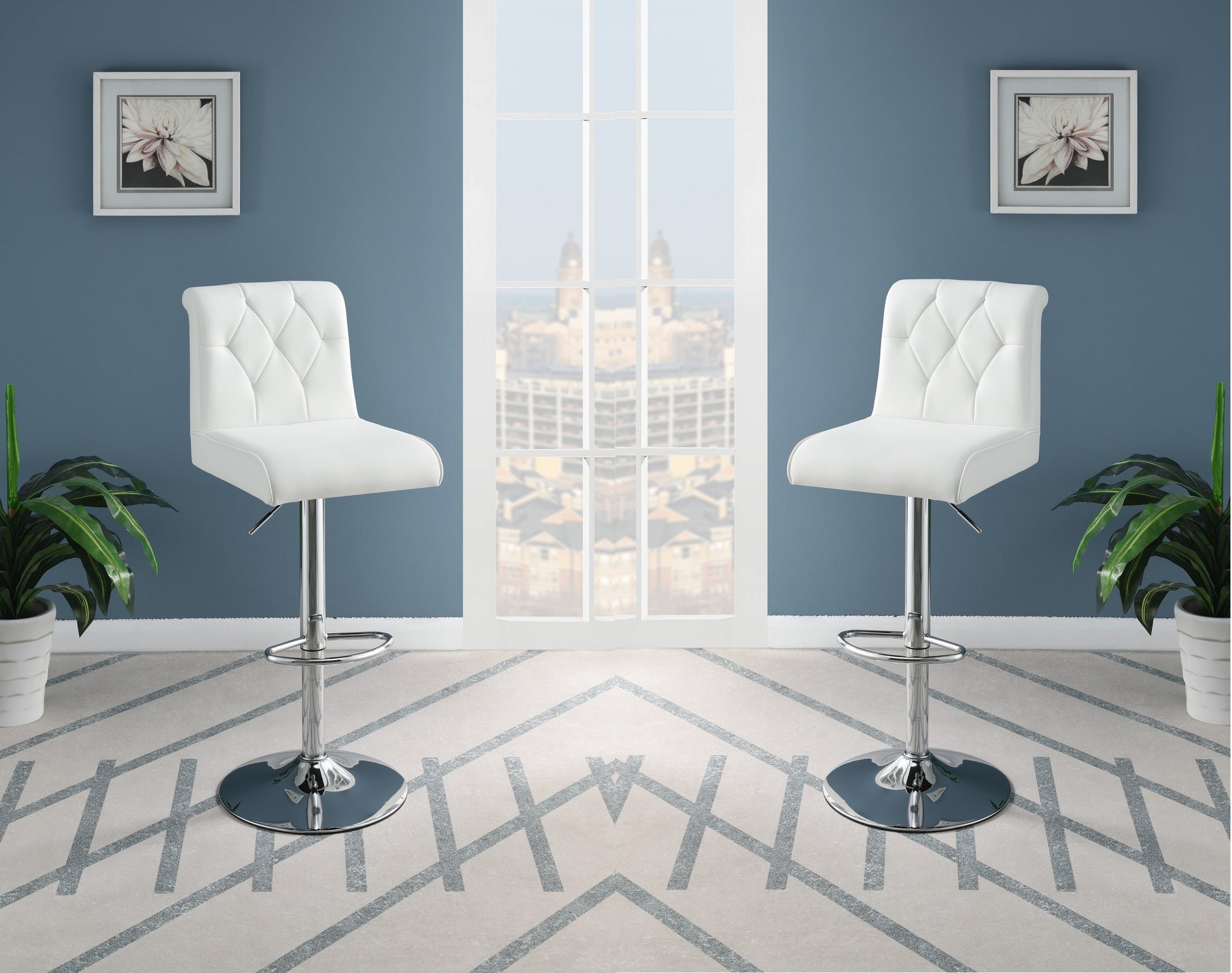 Adjustable Bar Stool Gas Lift Chair White Faux Leather Tufted Chrome Base Modern Set Of 2 Chairs Dining Kitchen White Dining Room Contemporary,Modern Bar Stools Tufted Back Metal