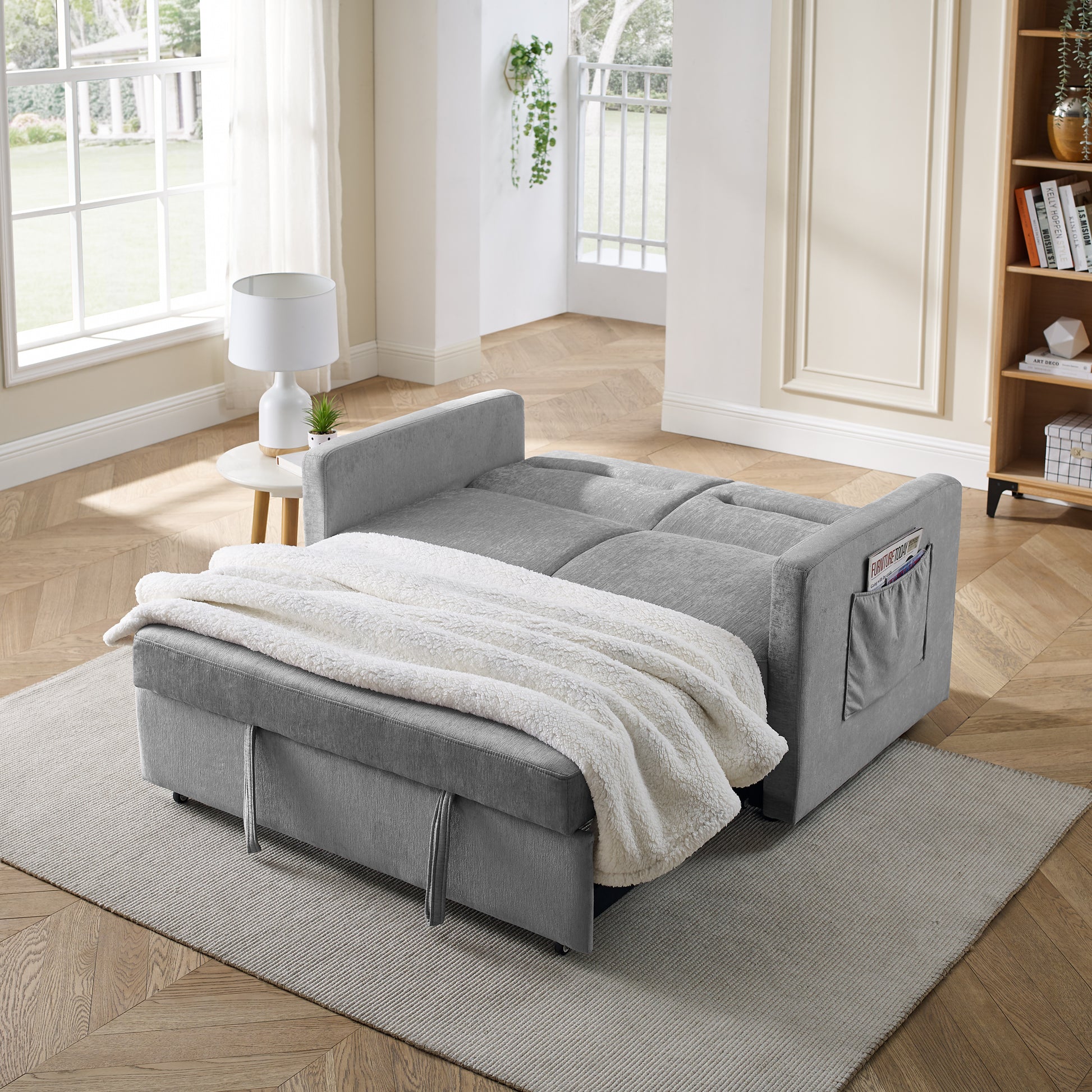 Loveseats Sofa Bed With Pull Out Bed, Adjsutable Back And Two Arm Pocket,Grey Grey Chenille