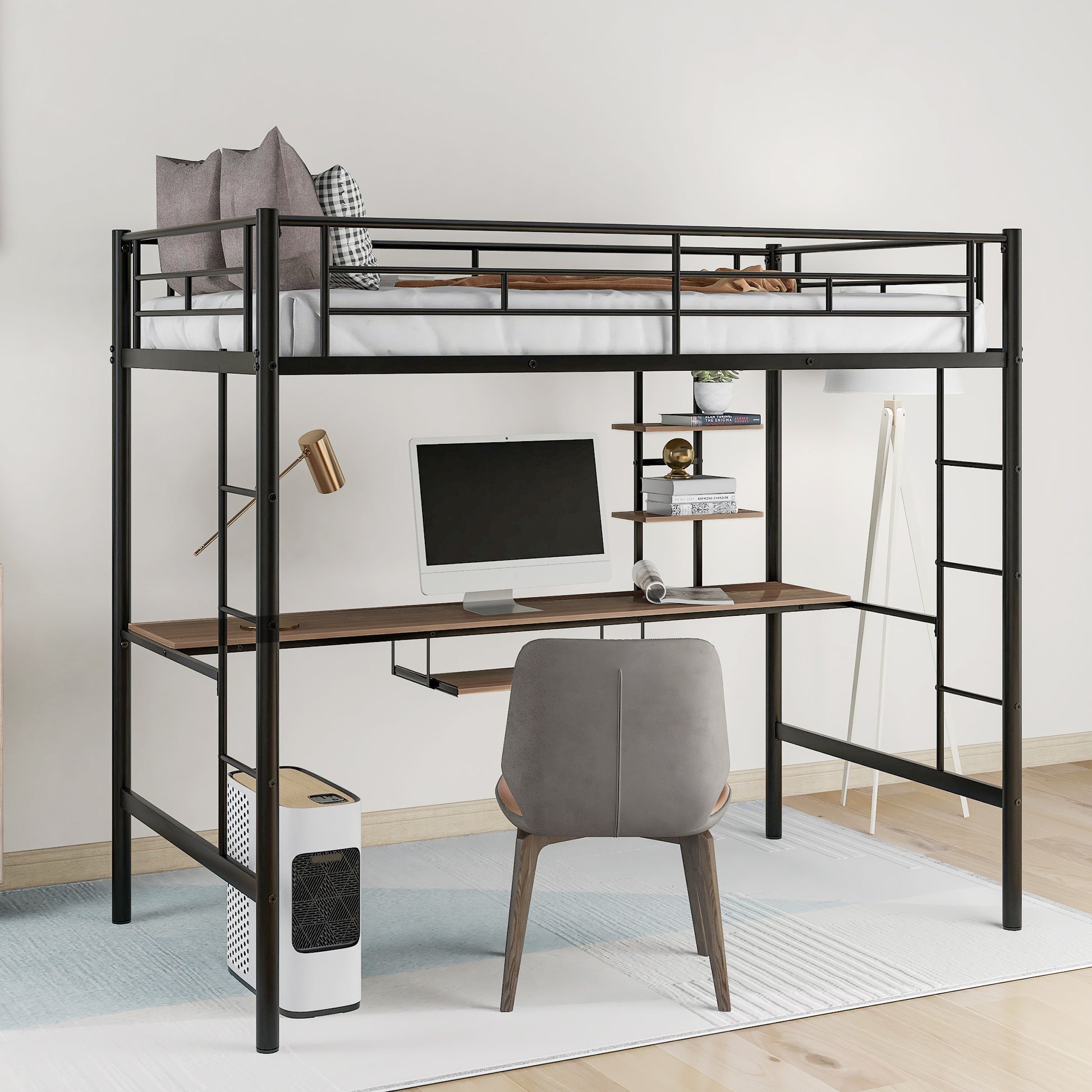 Loft Bed With Desk And Shelfspace Saving Design,Twin Old Sku:Mf193081Aab Black Metal