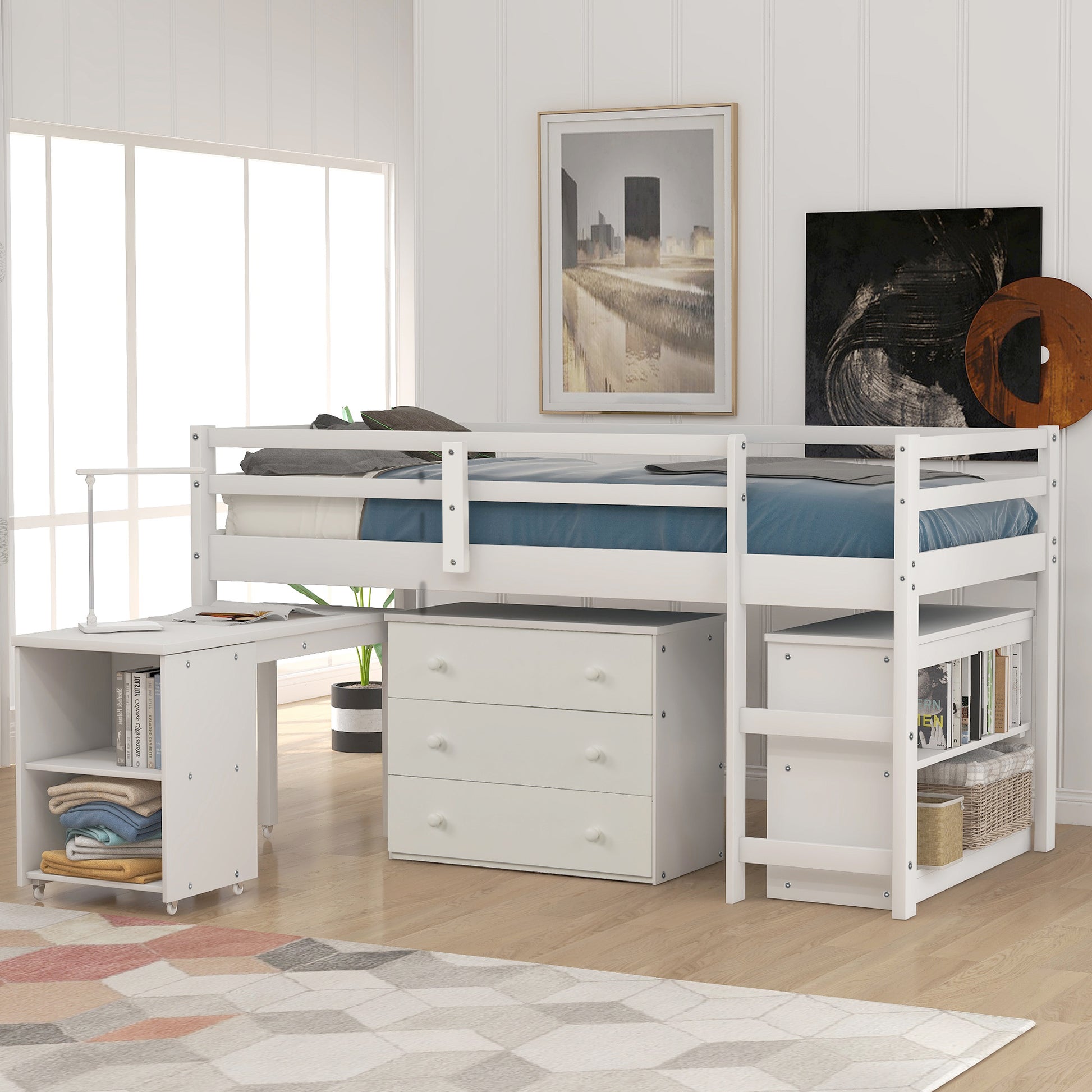 Low Study Twin Loft Bed With Cabinet And Rolling Portable Desk White Old Sku :Lp000113Aak White Solid Wood