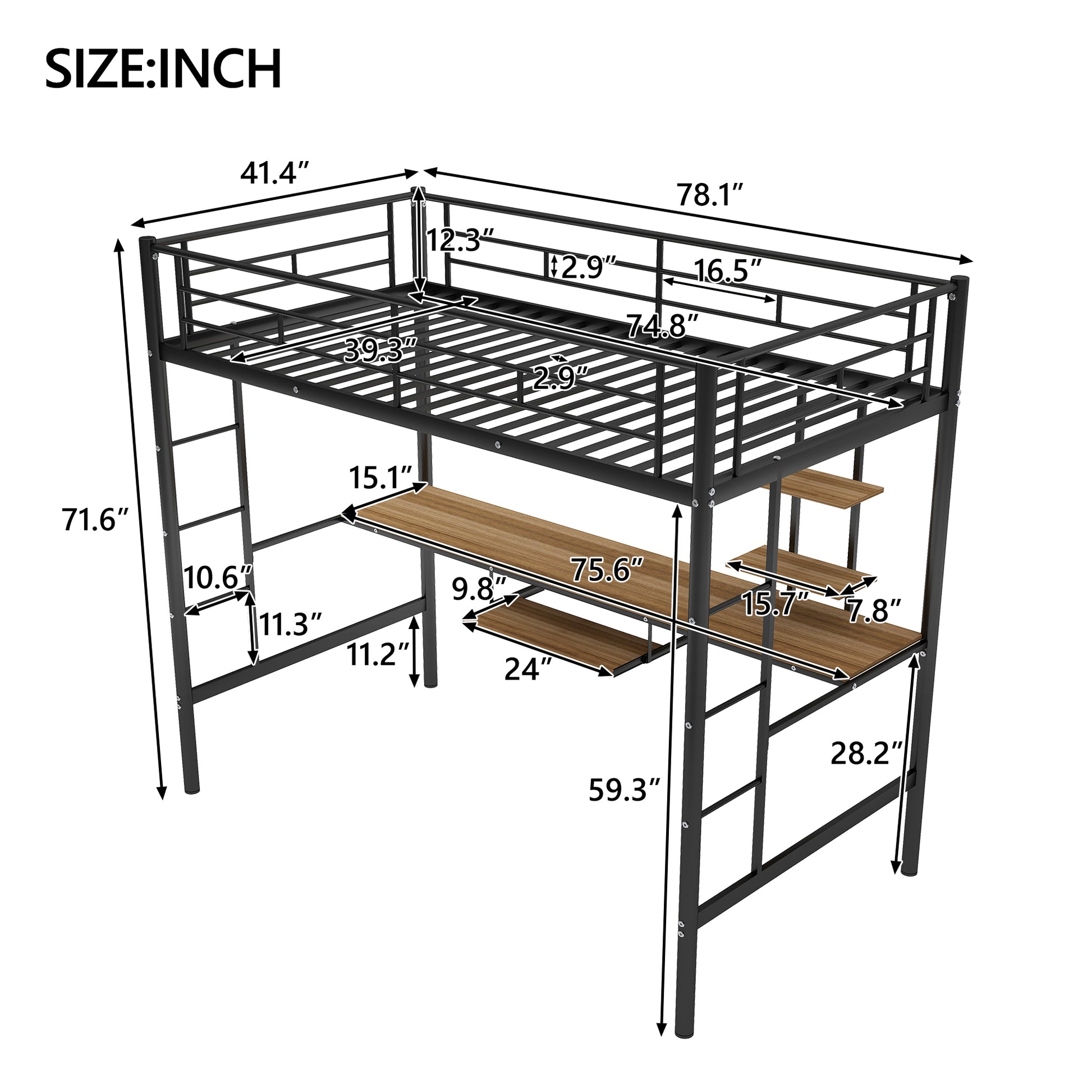 Loft Bed With Desk And Shelfspace Saving Design,Twin Old Sku:Mf193081Aab Black Metal