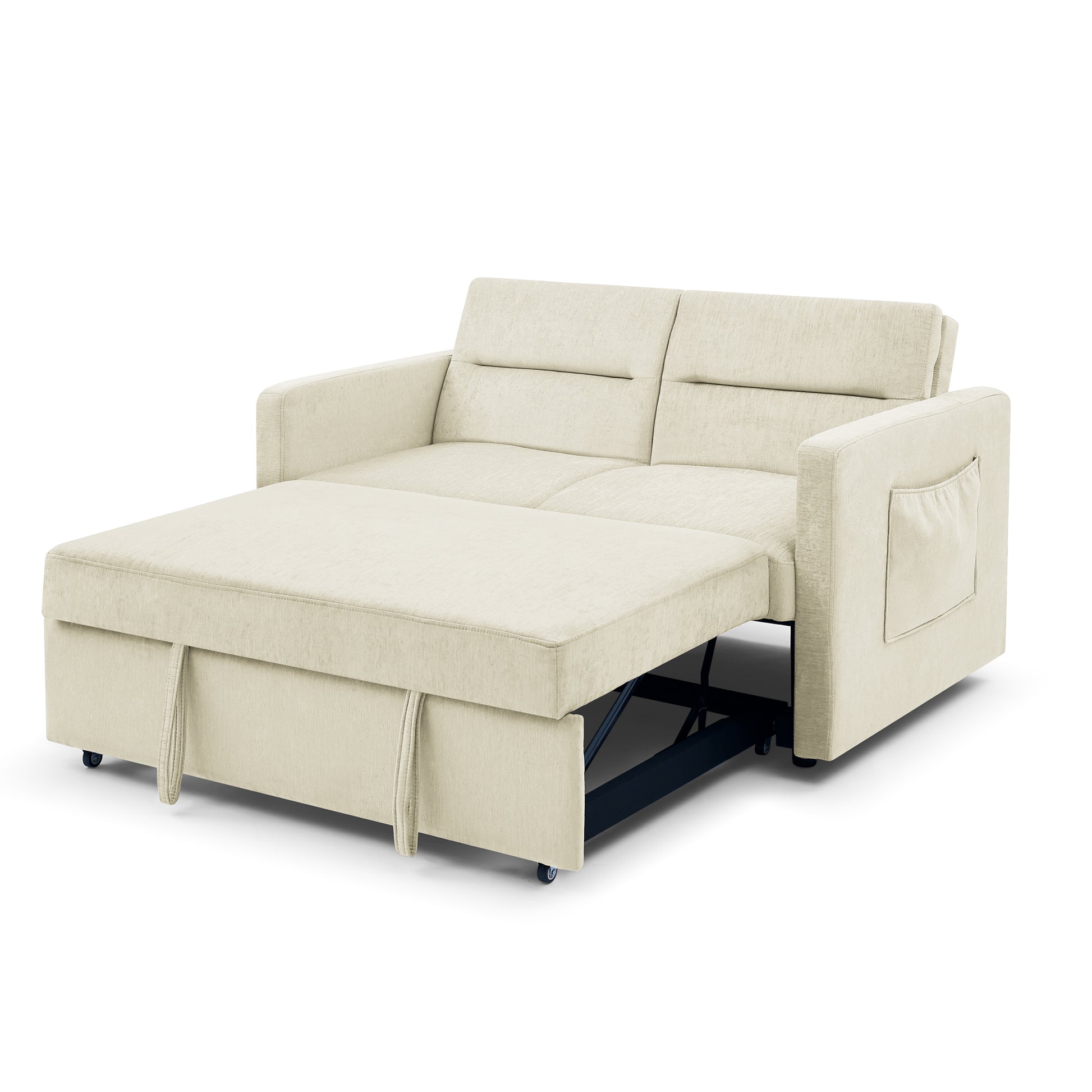 Loveseats Sofa Bed With Pull Out Bed,Adjsutable Back And Two Arm Pocket,Beige 54.5"X33"X31.5" Beige Velvet