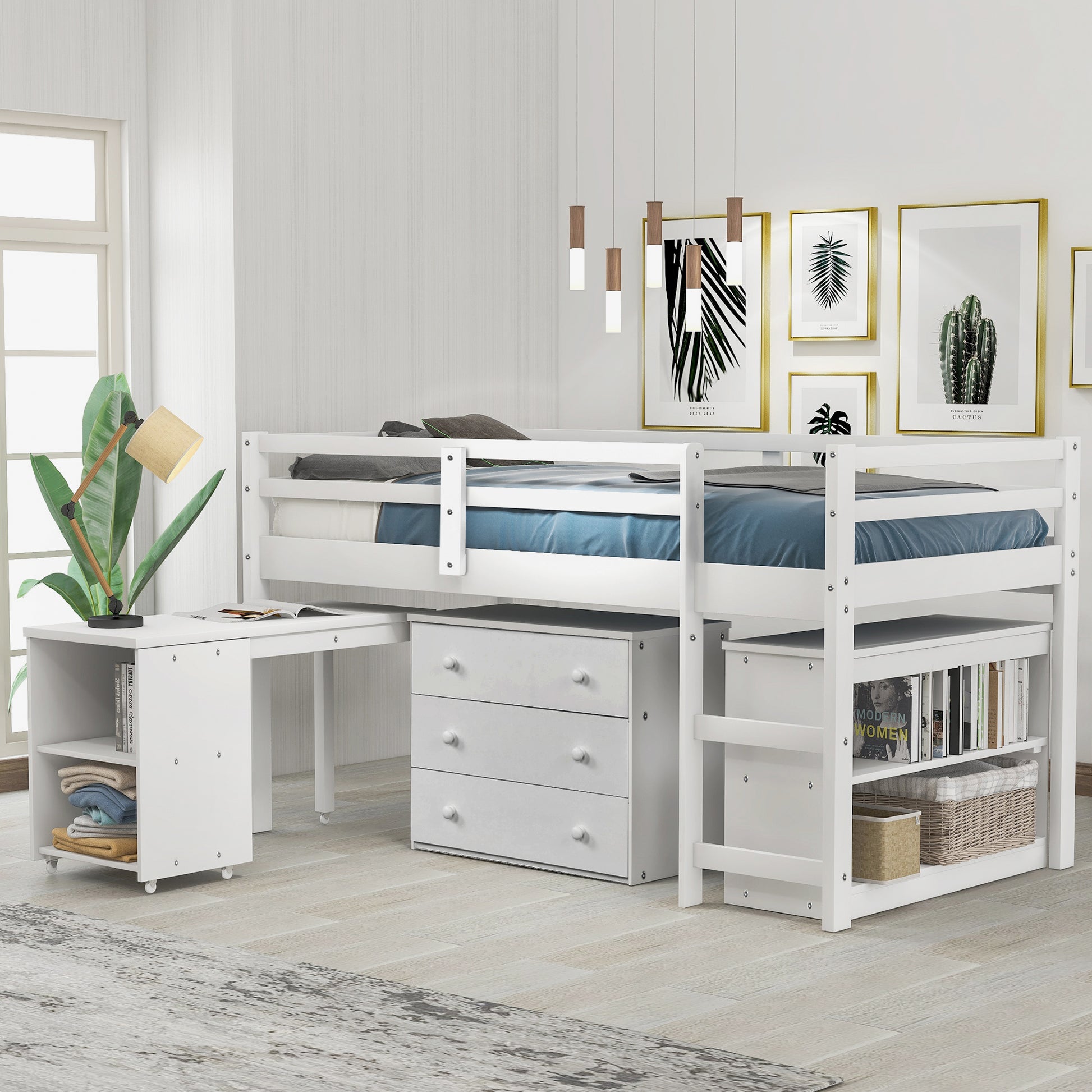Low Study Twin Loft Bed With Cabinet And Rolling Portable Desk White Old Sku :Lp000113Aak White Solid Wood