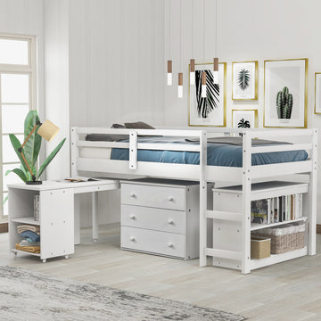 Low Study Twin Loft Bed With Cabinet And Rolling Portable Desk White Old Sku :Lp000113Aak White Solid Wood