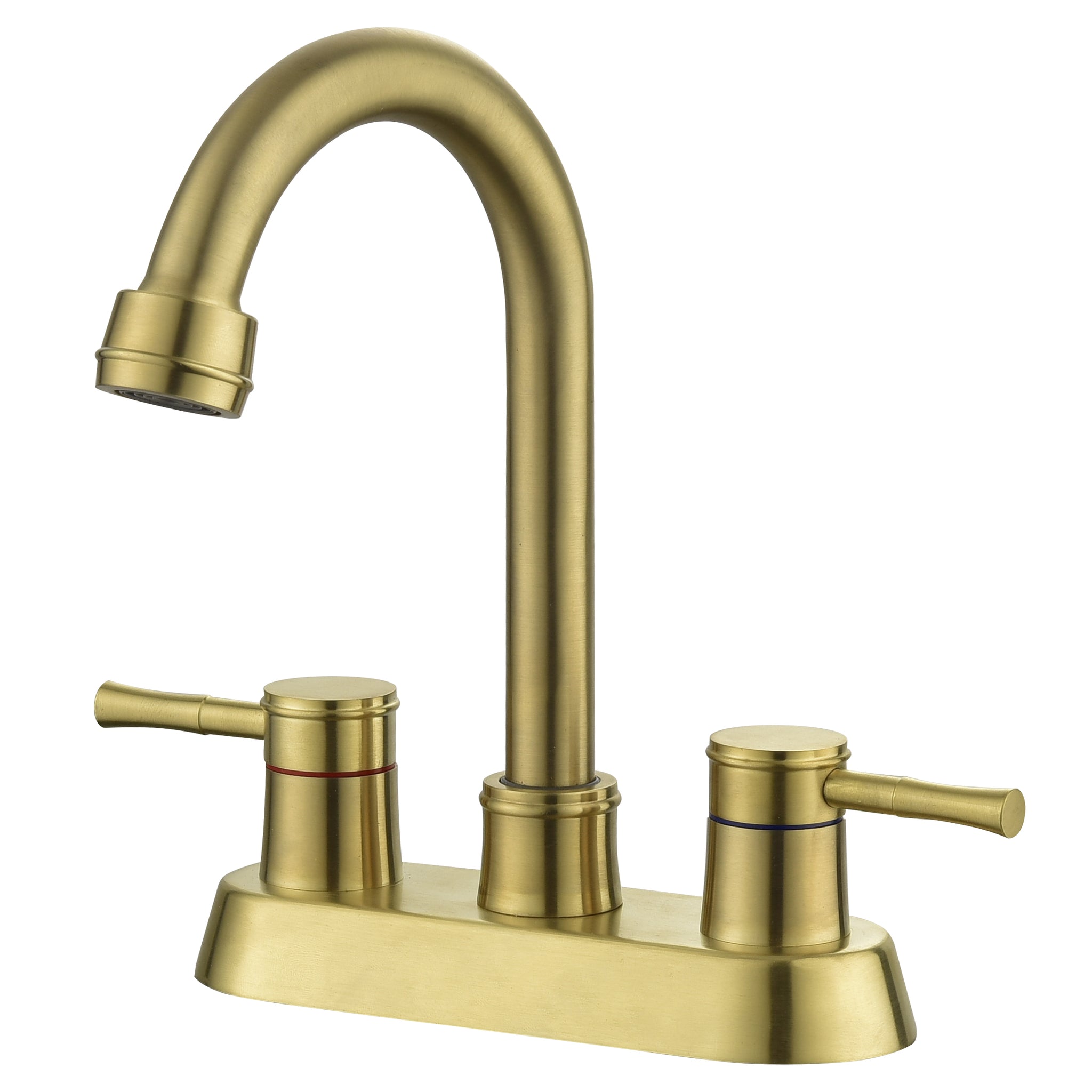 Brushed Gold 4 Inch 2 Handle Centerset Lead Free Bathroom Faucet, Swivel Spout With Copper Pop Up Drain And 2 Water Supply Lines Brushed Gold Stainless Steel