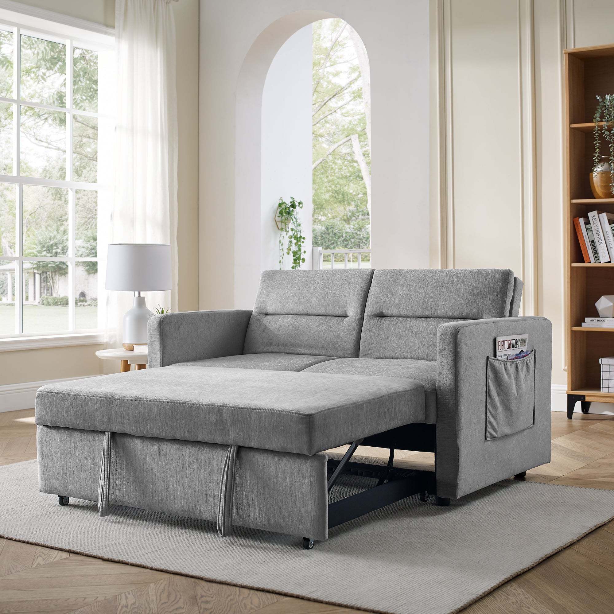 Loveseats Sofa Bed With Pull Out Bed, Adjsutable Back And Two Arm Pocket,Grey Grey Chenille