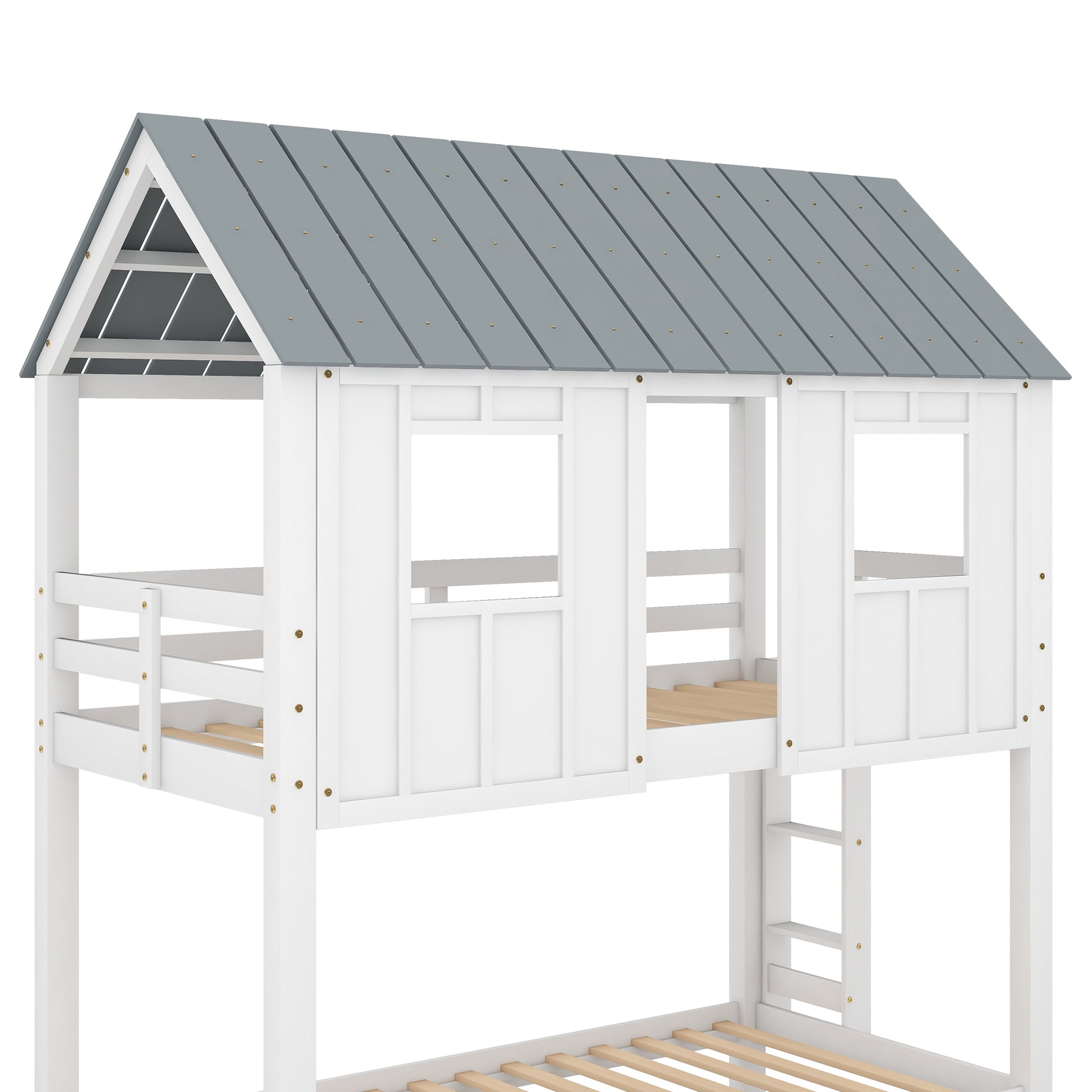 House Bunk Bed With Trundle,Roof And Windows,White Old Sku:Gx000705Aak White Pine