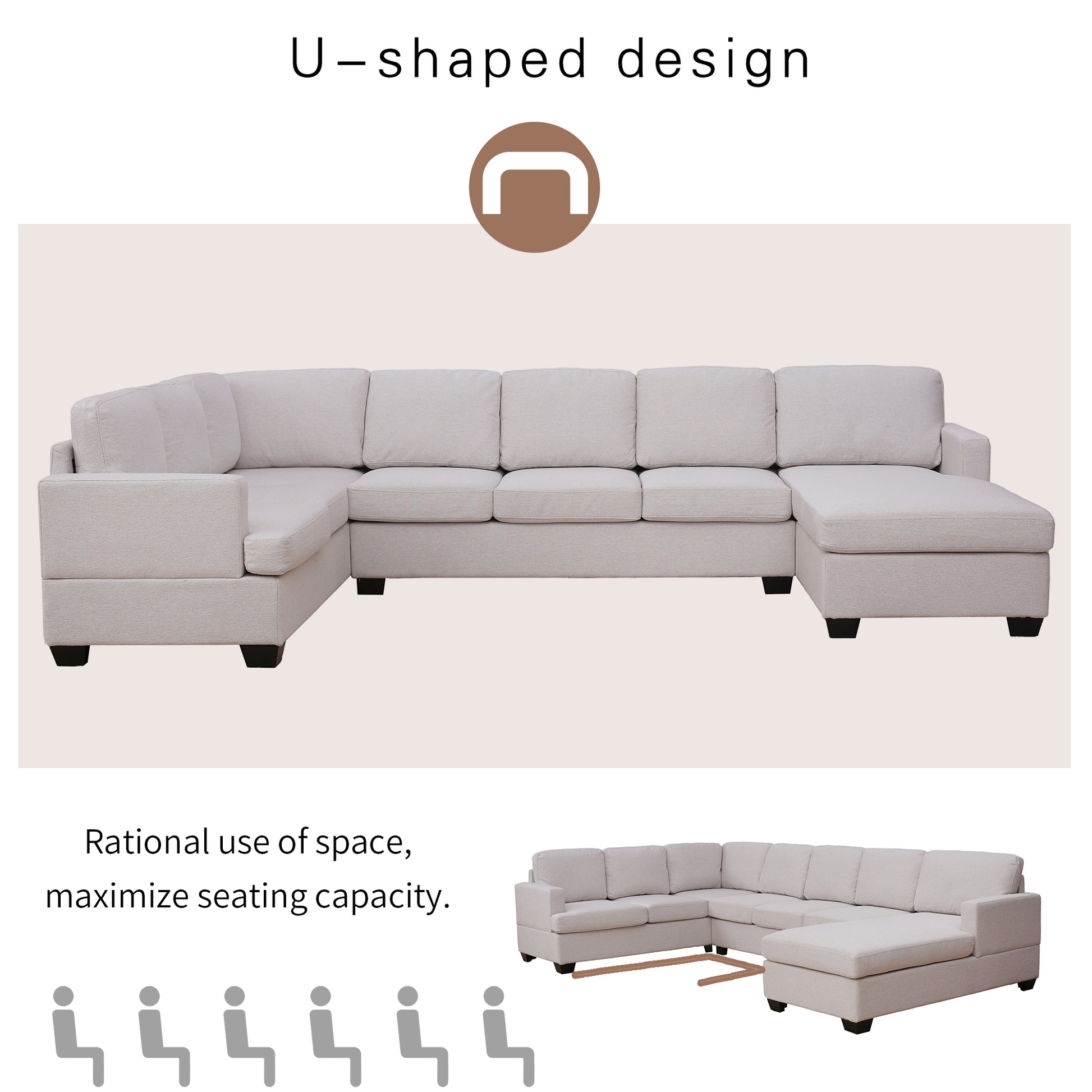 Ustyle Modern Large Upholstered U Shape Sectional Sofa, Extra Wide Chaise Lounge Couch, Beige Beige Polyester