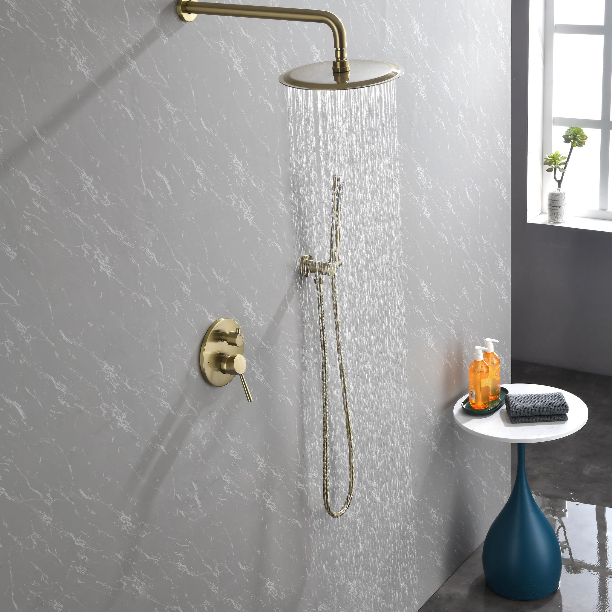 Shower System, Wall Mounted Shower Faucet Set For Bathroom With High Pressure 10" Stainless Steel Rain Shower Head Handheld Shower Set, 2 Way Pressure Balance Shower Valve Kit, Brushed Gold Gold Brass