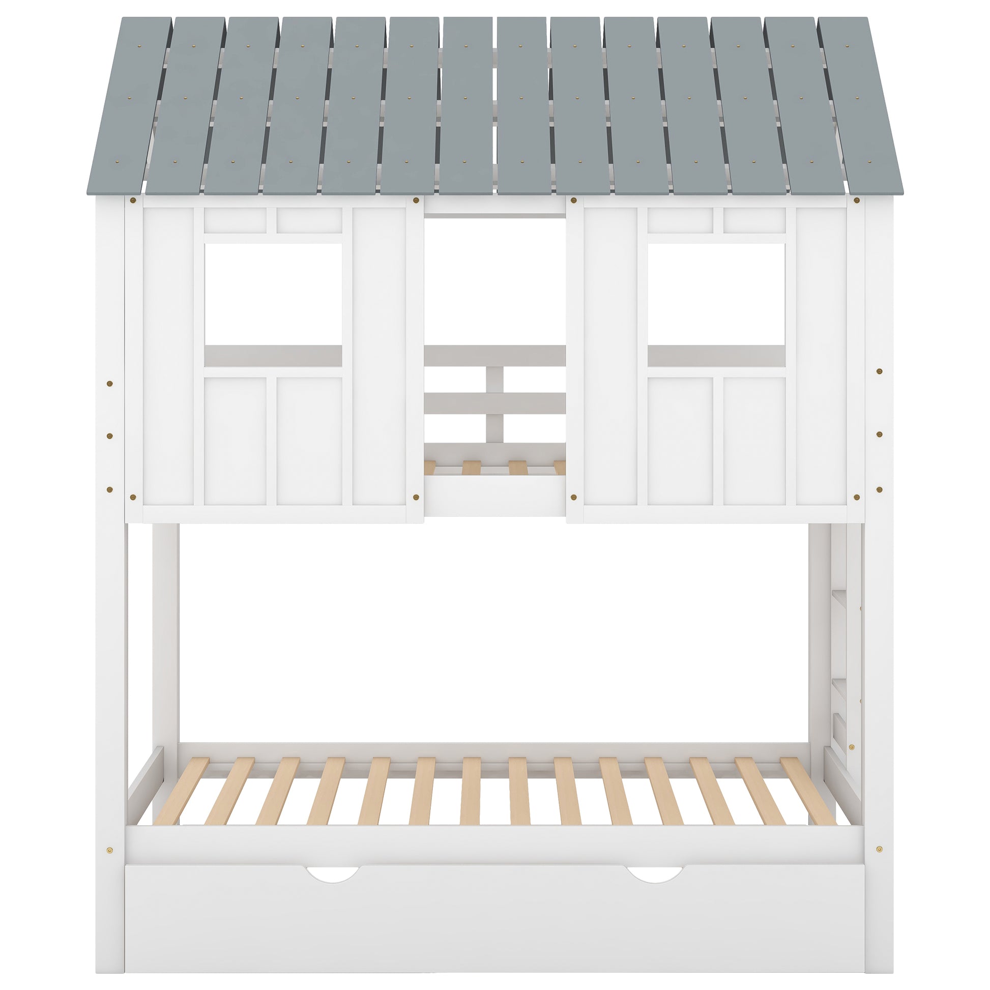 House Bunk Bed With Trundle,Roof And Windows,White Old Sku:Gx000705Aak White Pine
