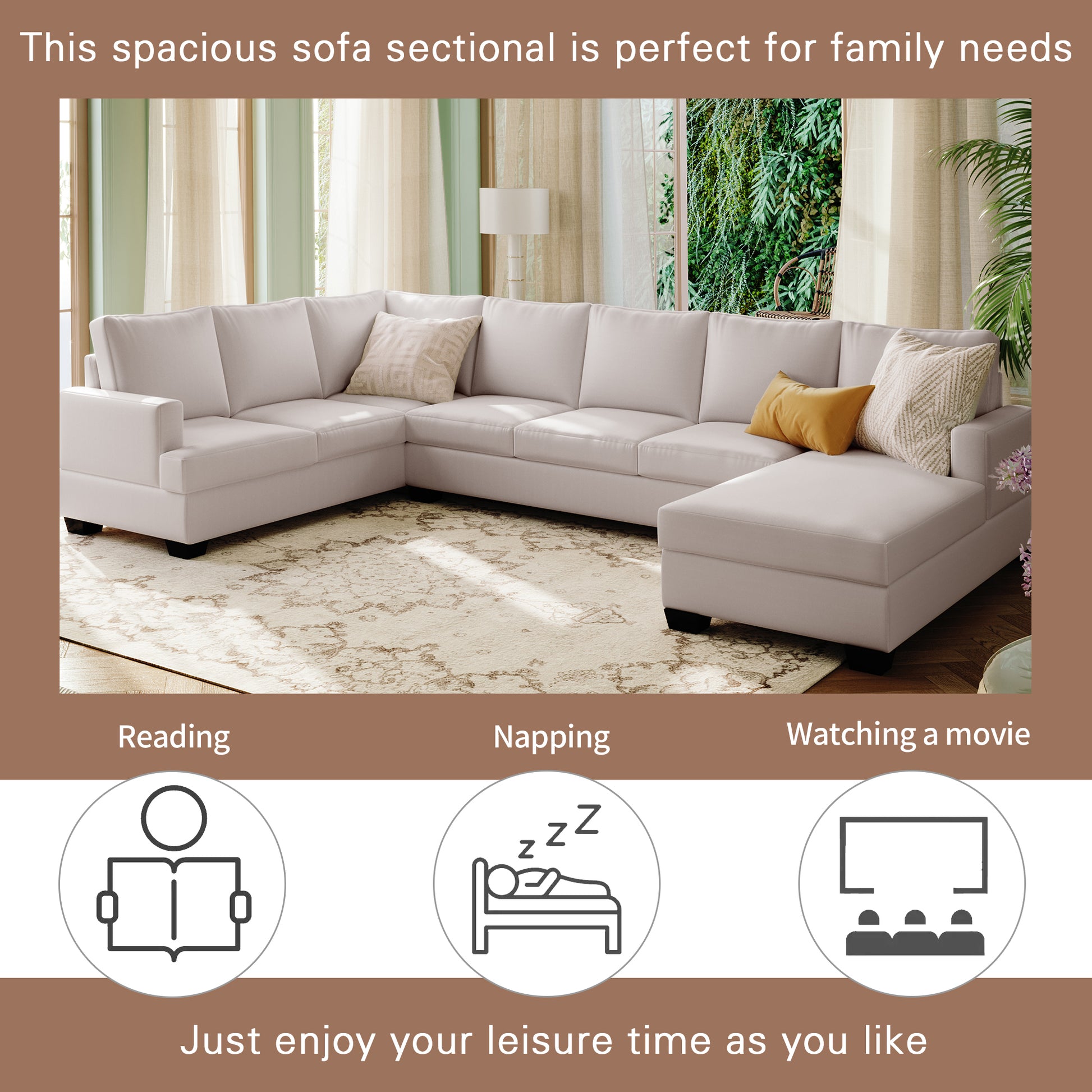 Ustyle Modern Large Upholstered U Shape Sectional Sofa, Extra Wide Chaise Lounge Couch, Beige Beige Polyester