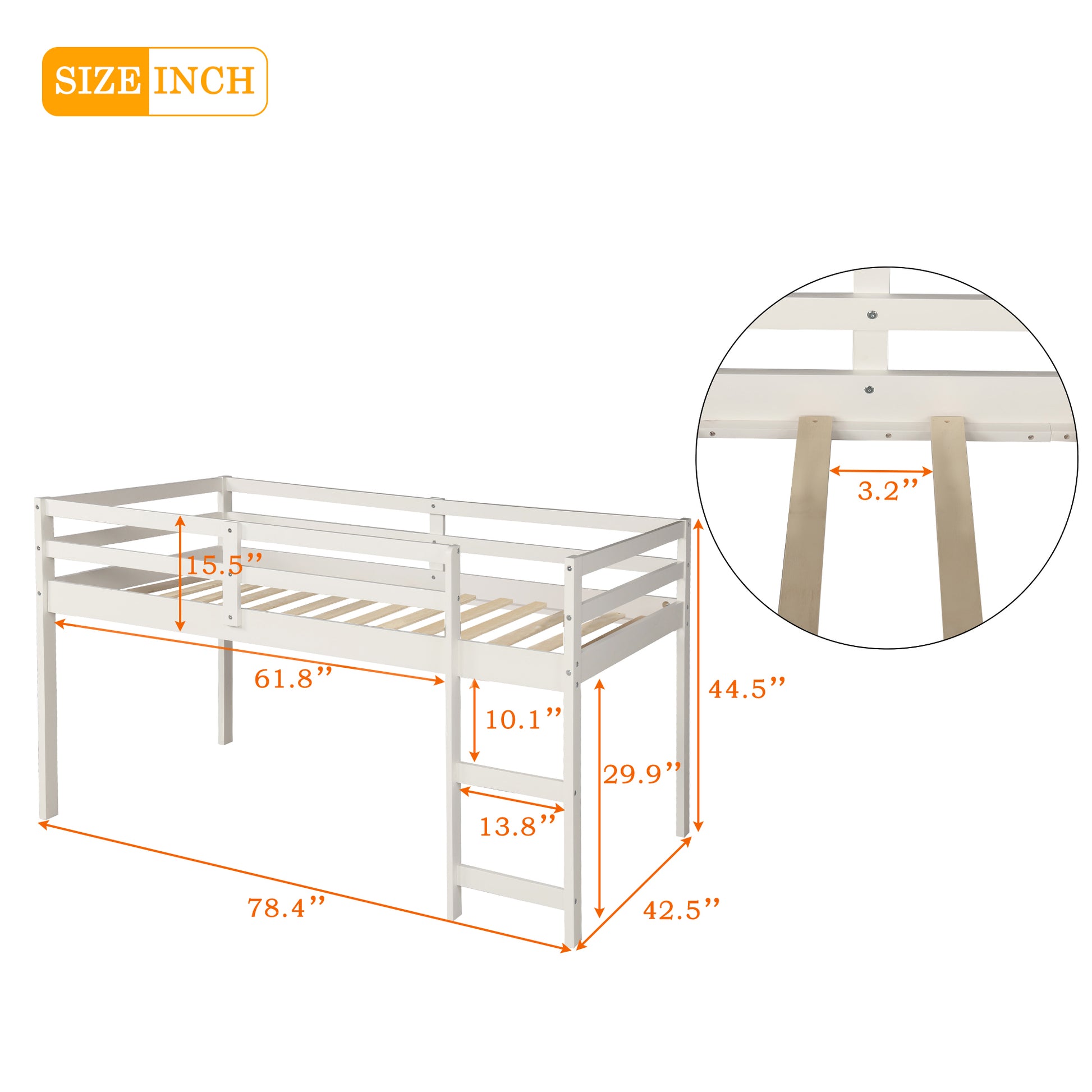 Low Study Twin Loft Bed With Cabinet And Rolling Portable Desk White Old Sku :Lp000113Aak White Solid Wood