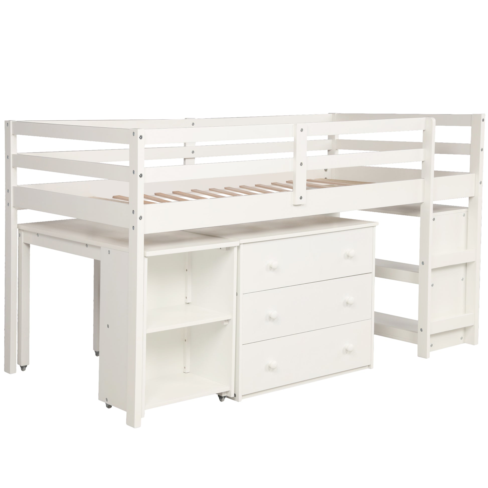 Low Study Twin Loft Bed With Cabinet And Rolling Portable Desk White Old Sku :Lp000113Aak White Solid Wood