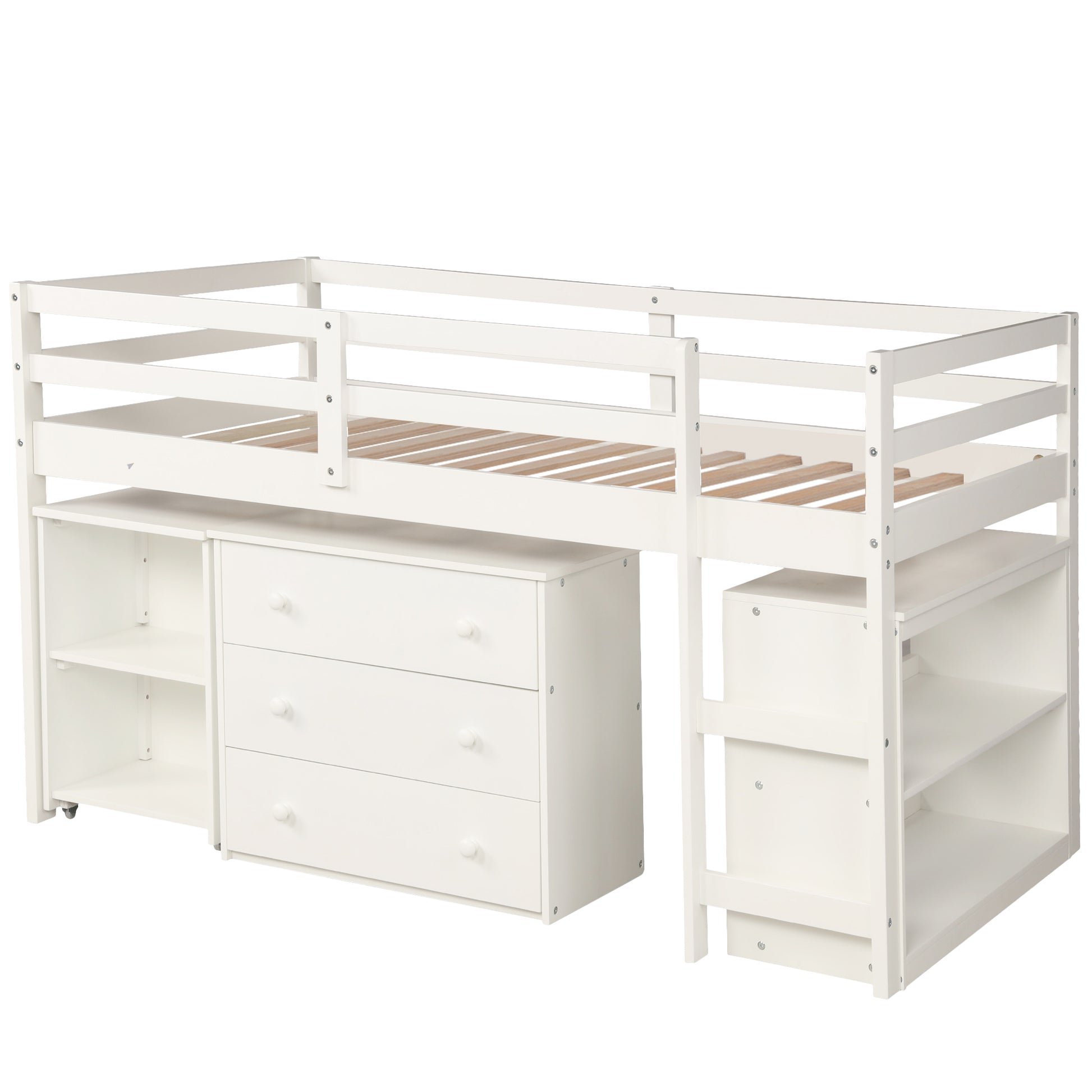 Low Study Twin Loft Bed With Cabinet And Rolling Portable Desk White Old Sku :Lp000113Aak White Solid Wood