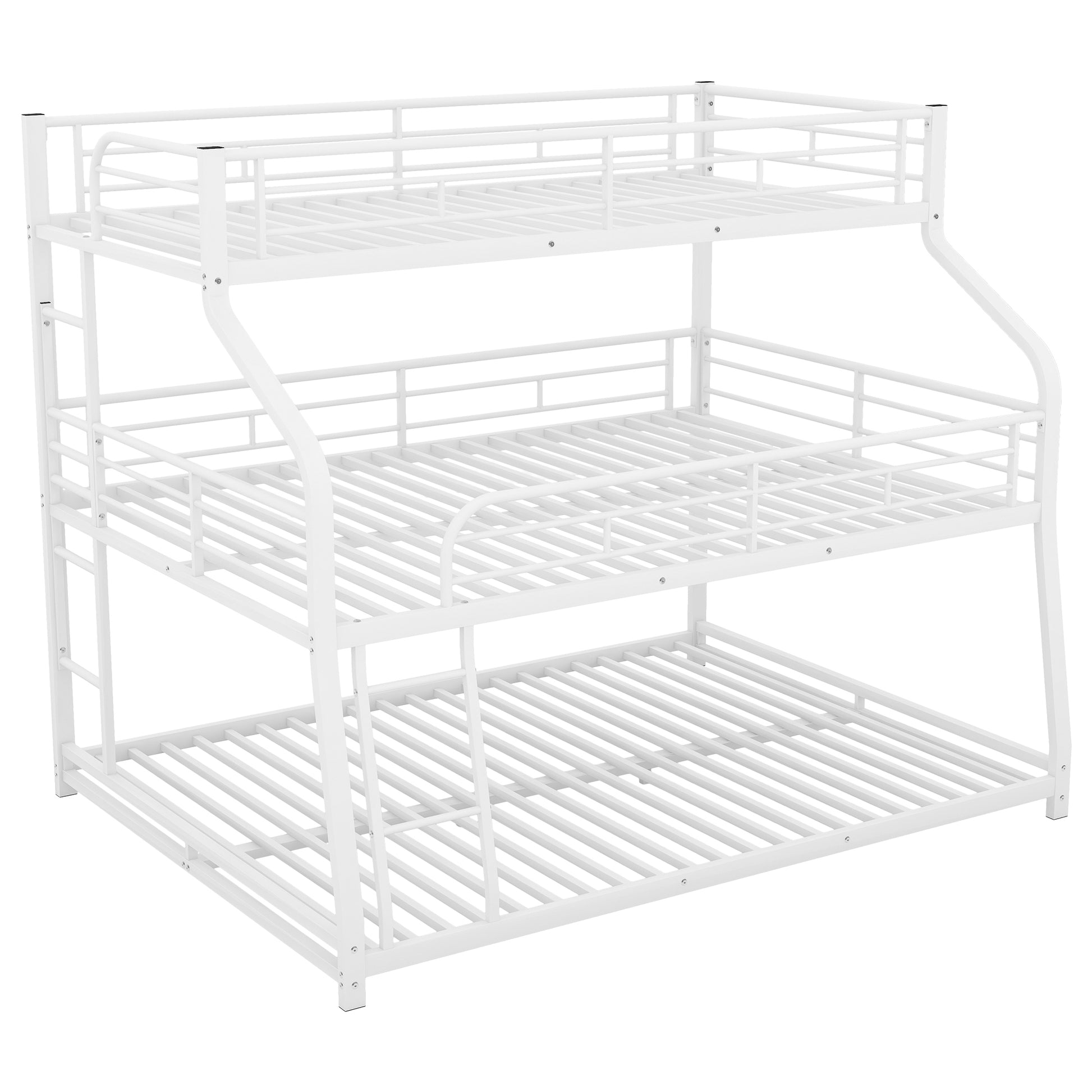 Twin Xl Full Xl Queen Triple Bunk Bed With Long And Short Ladder And Full Length Guardrails,White White Metal
