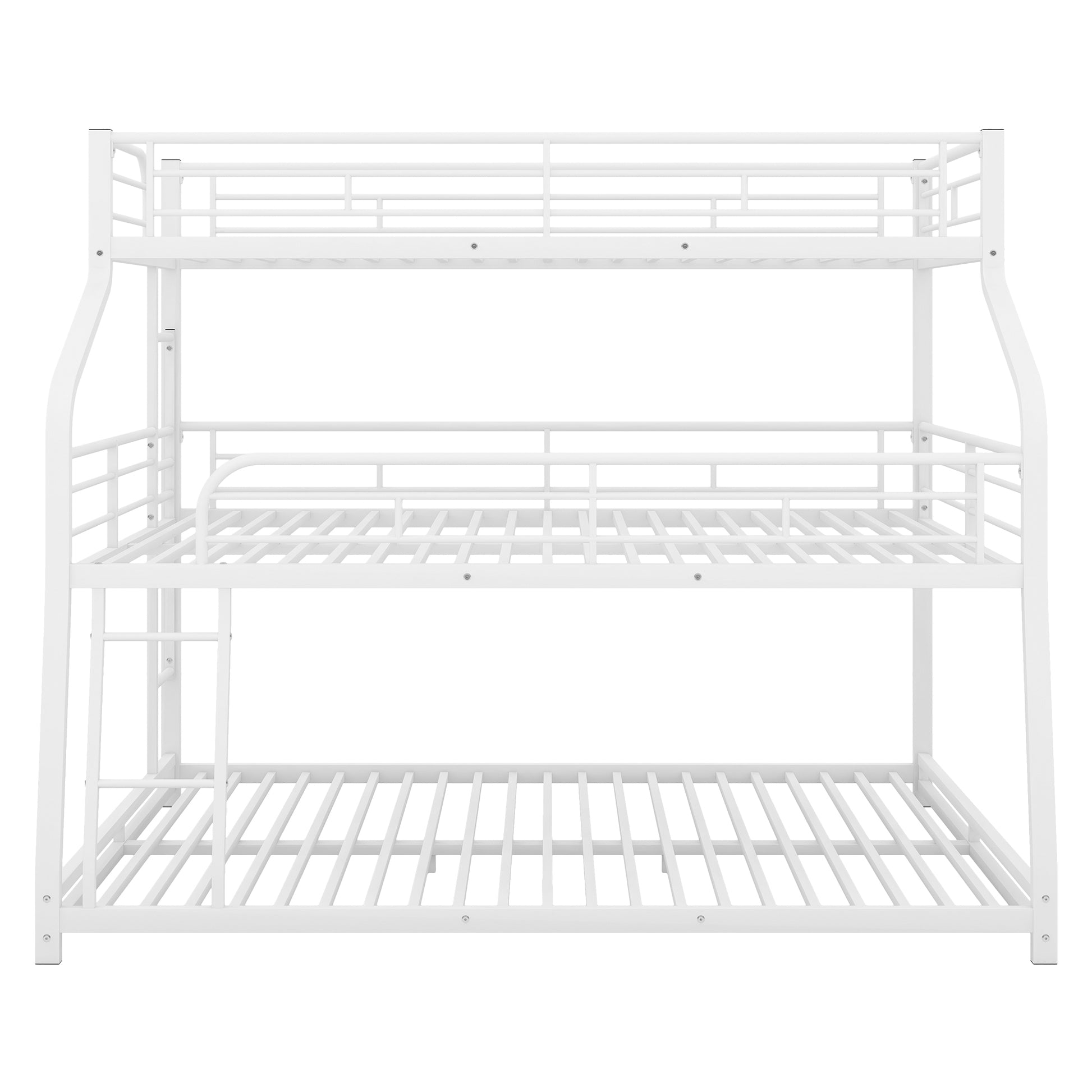 Twin Xl Full Xl Queen Triple Bunk Bed With Long And Short Ladder And Full Length Guardrails,White White Metal
