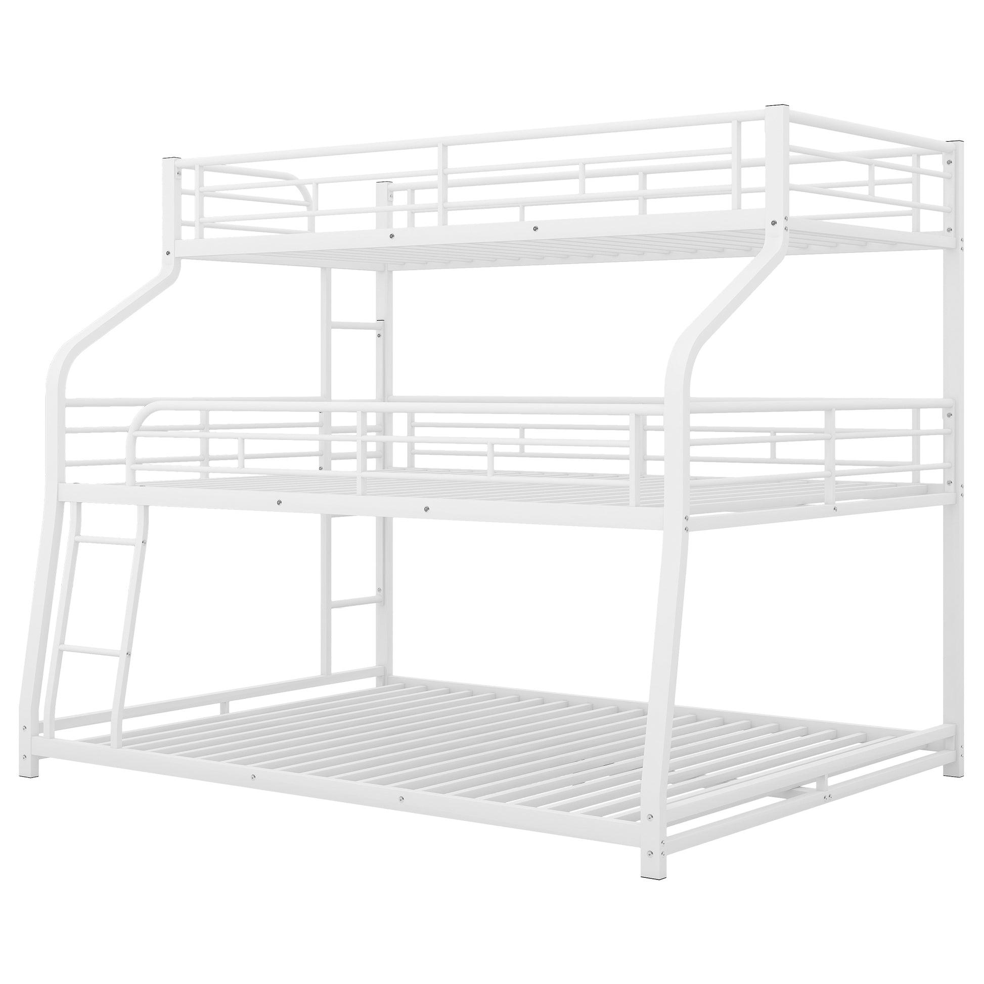 Twin Xl Full Xl Queen Triple Bunk Bed With Long And Short Ladder And Full Length Guardrails,White White Metal