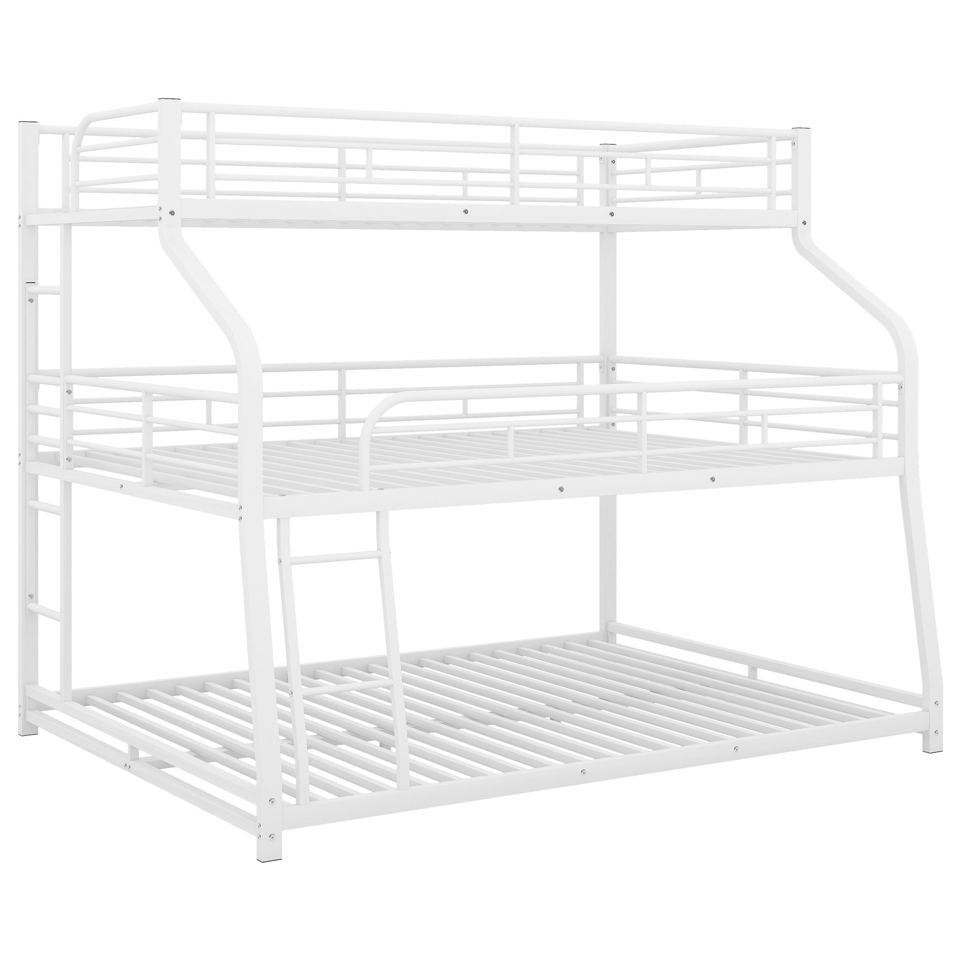Twin Xl Full Xl Queen Triple Bunk Bed With Long And Short Ladder And Full Length Guardrails,White White Metal