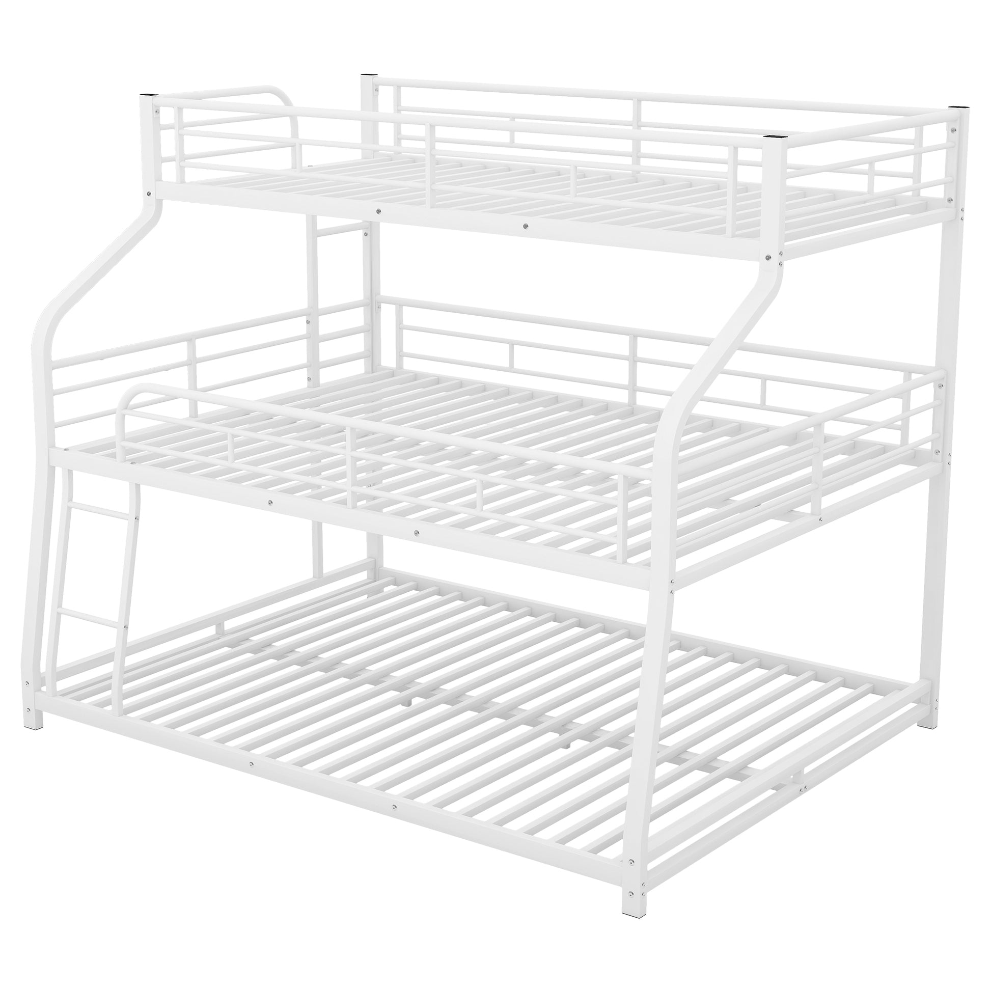 Twin Xl Full Xl Queen Triple Bunk Bed With Long And Short Ladder And Full Length Guardrails,White White Metal