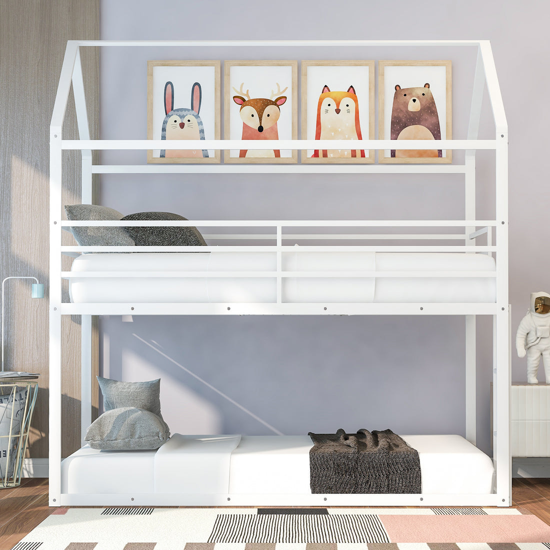 Bunk Beds For Kids Twin Over Twin,House Bunk Bed Metal Bed Frame Built In Ladder,No Box Spring Needed White White Metal