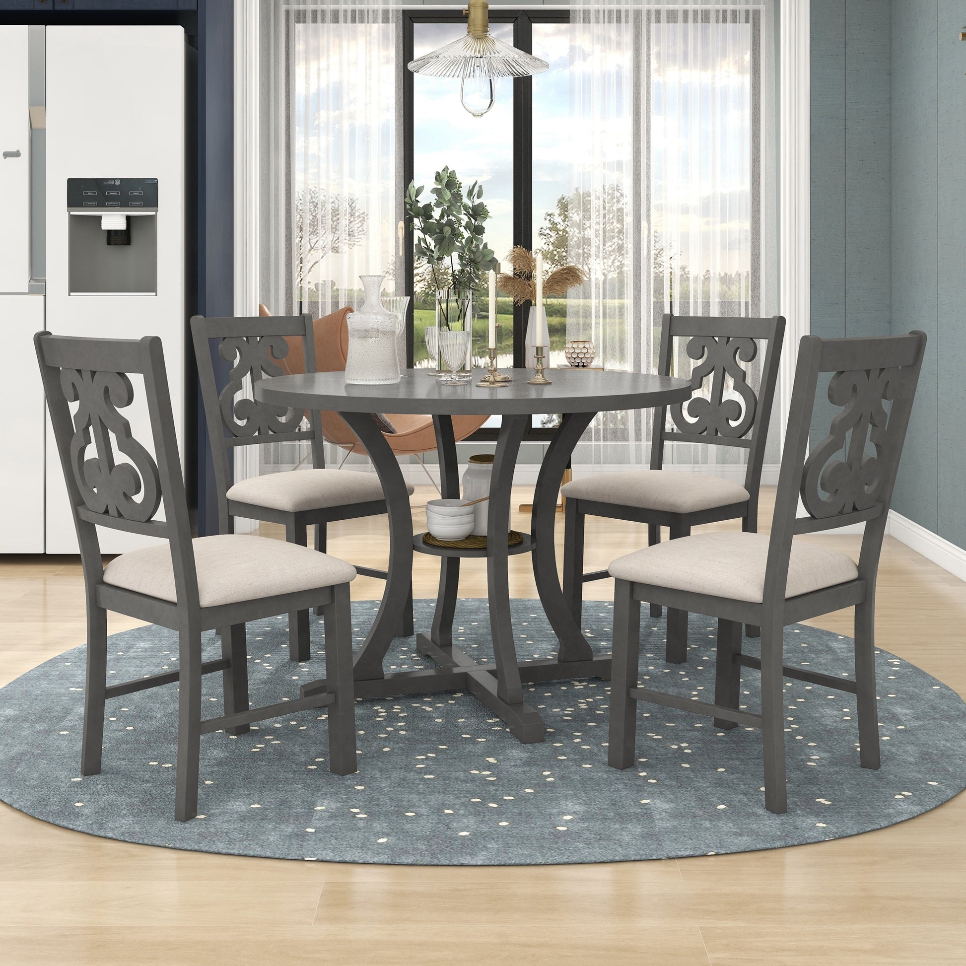 5 Piece Round Dining Table And Chair Set With Special Shaped Legs And An Exquisitely Designed Hollow Chair Back For Dining Room Gray Gray Mdf