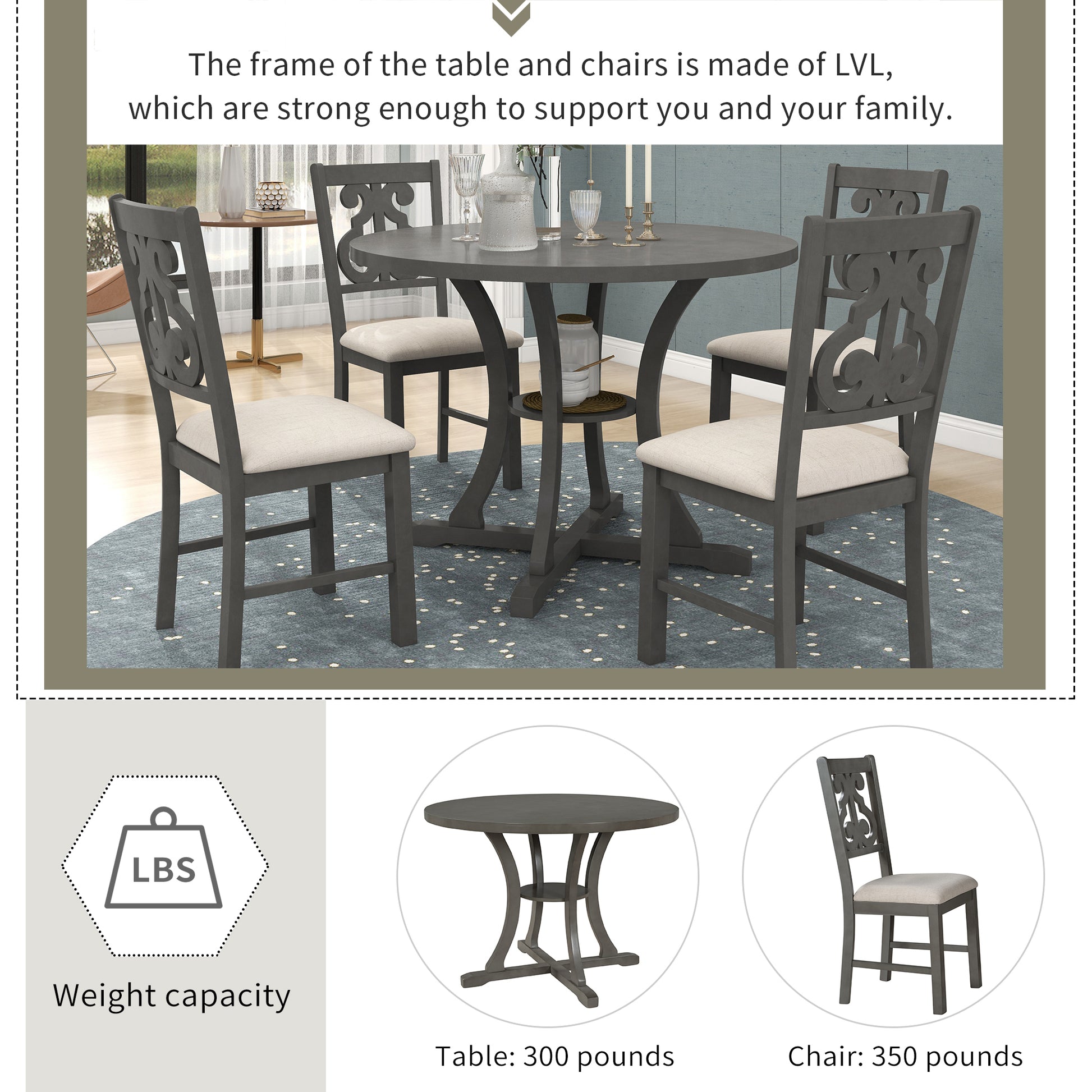 5 Piece Round Dining Table And Chair Set With Special Shaped Legs And An Exquisitely Designed Hollow Chair Back For Dining Room Gray Gray Mdf