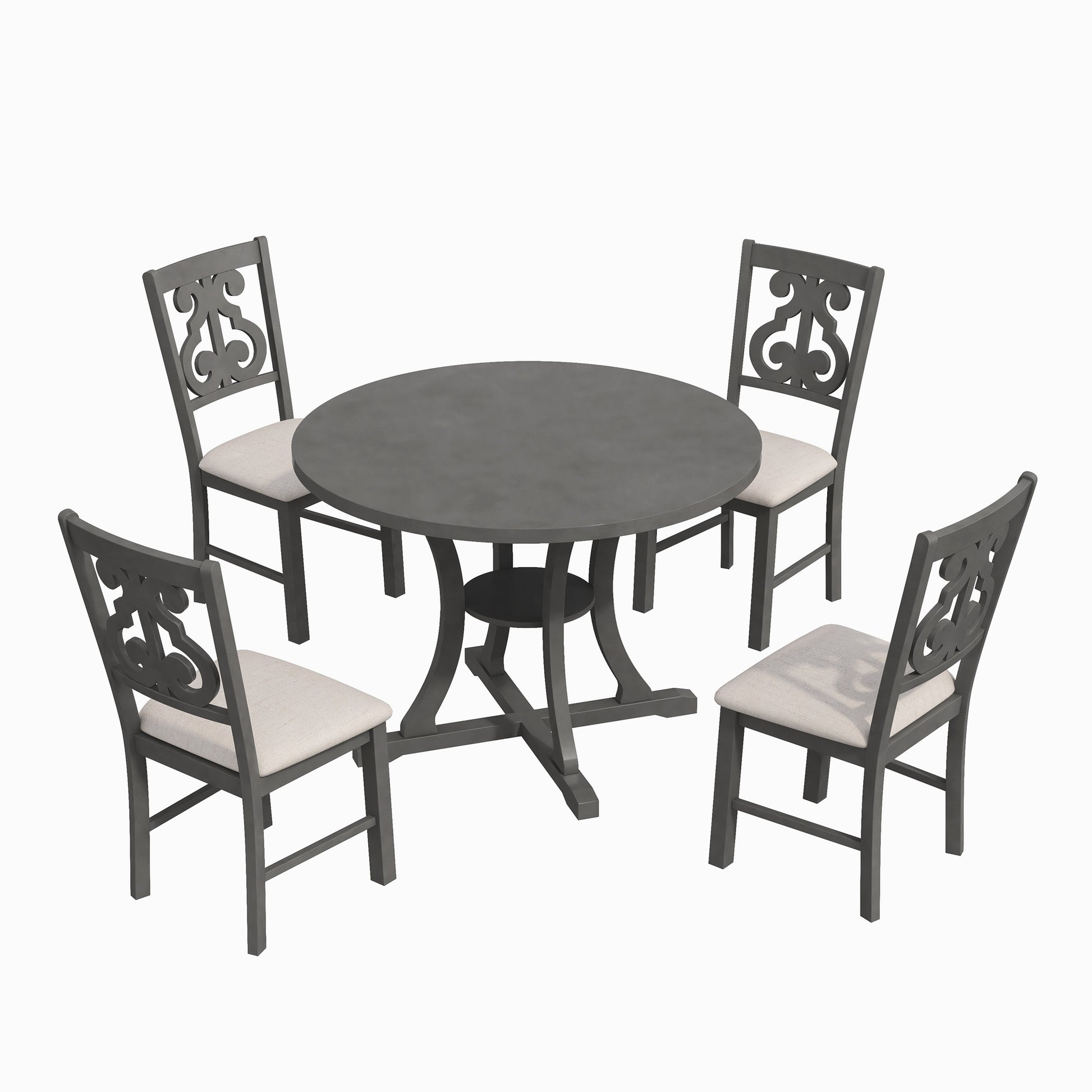 5 Piece Round Dining Table And Chair Set With Special Shaped Legs And An Exquisitely Designed Hollow Chair Back For Dining Room Gray Gray Mdf
