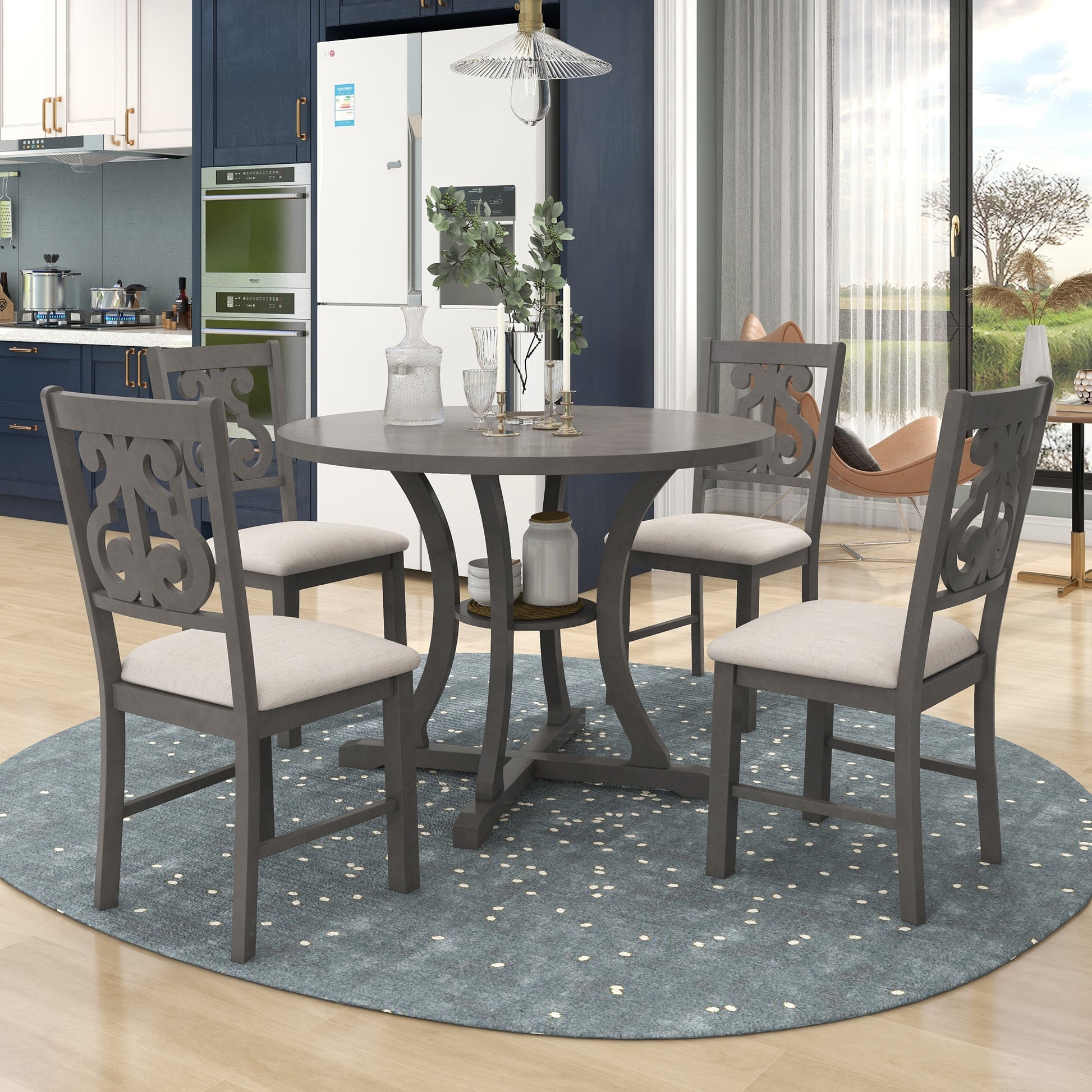 5 Piece Round Dining Table And Chair Set With Special Shaped Legs And An Exquisitely Designed Hollow Chair Back For Dining Room Gray Gray Mdf
