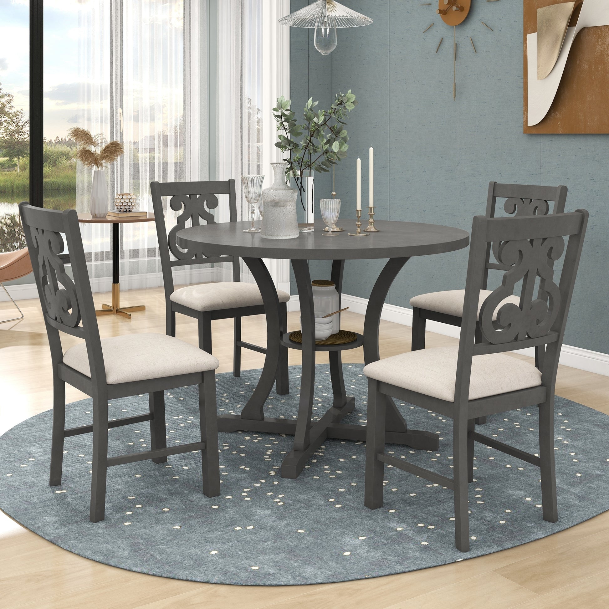5 Piece Round Dining Table And Chair Set With Special Shaped Legs And An Exquisitely Designed Hollow Chair Back For Dining Room Gray Gray Mdf