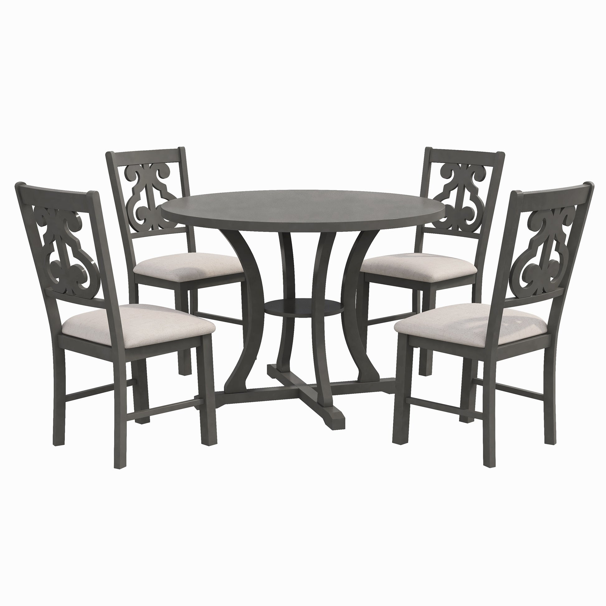 5 Piece Round Dining Table And Chair Set With Special Shaped Legs And An Exquisitely Designed Hollow Chair Back For Dining Room Gray Gray Mdf