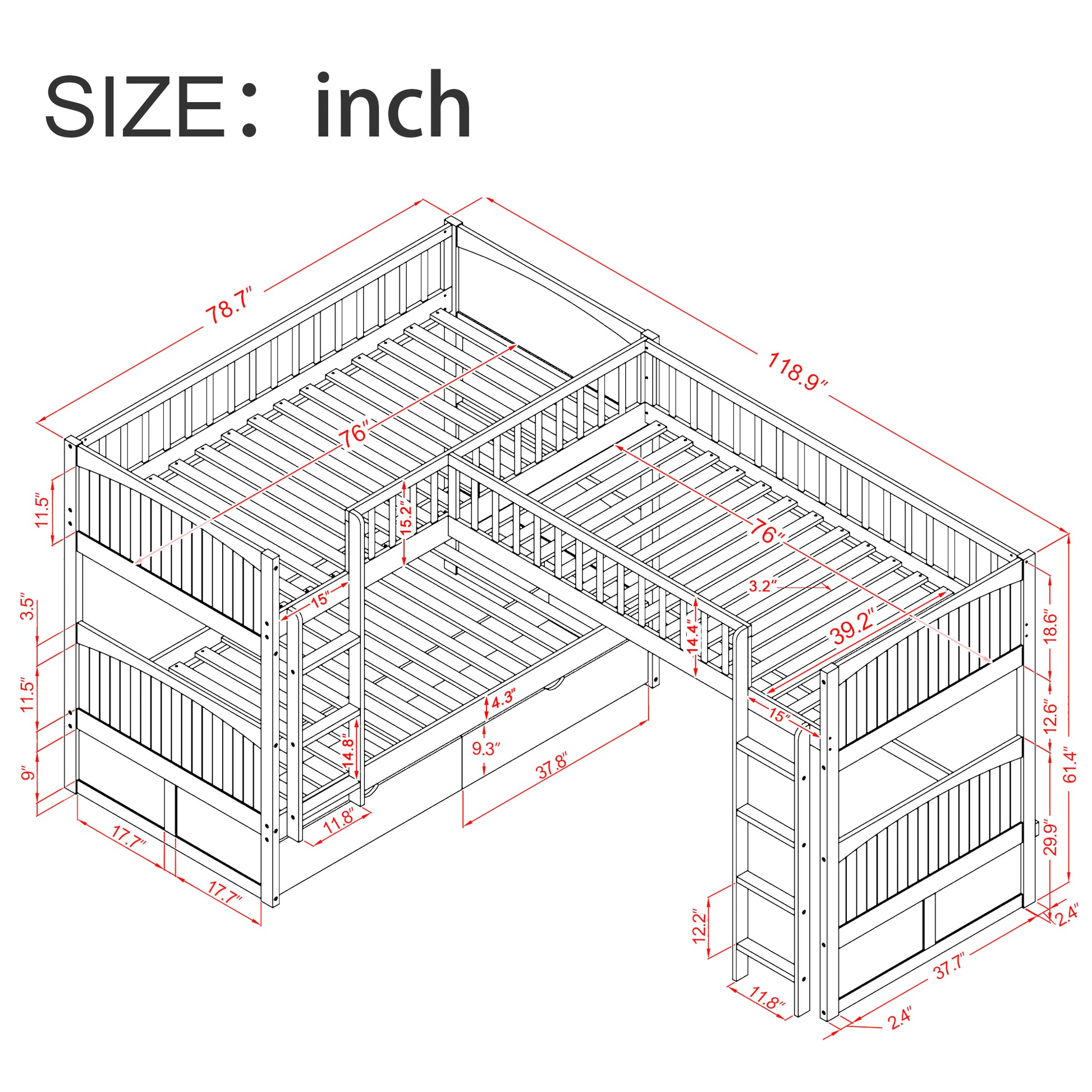 Twin Size Bunk Bed With A Loft Bed Attached, With Two Drawers,Gray Gray Pine