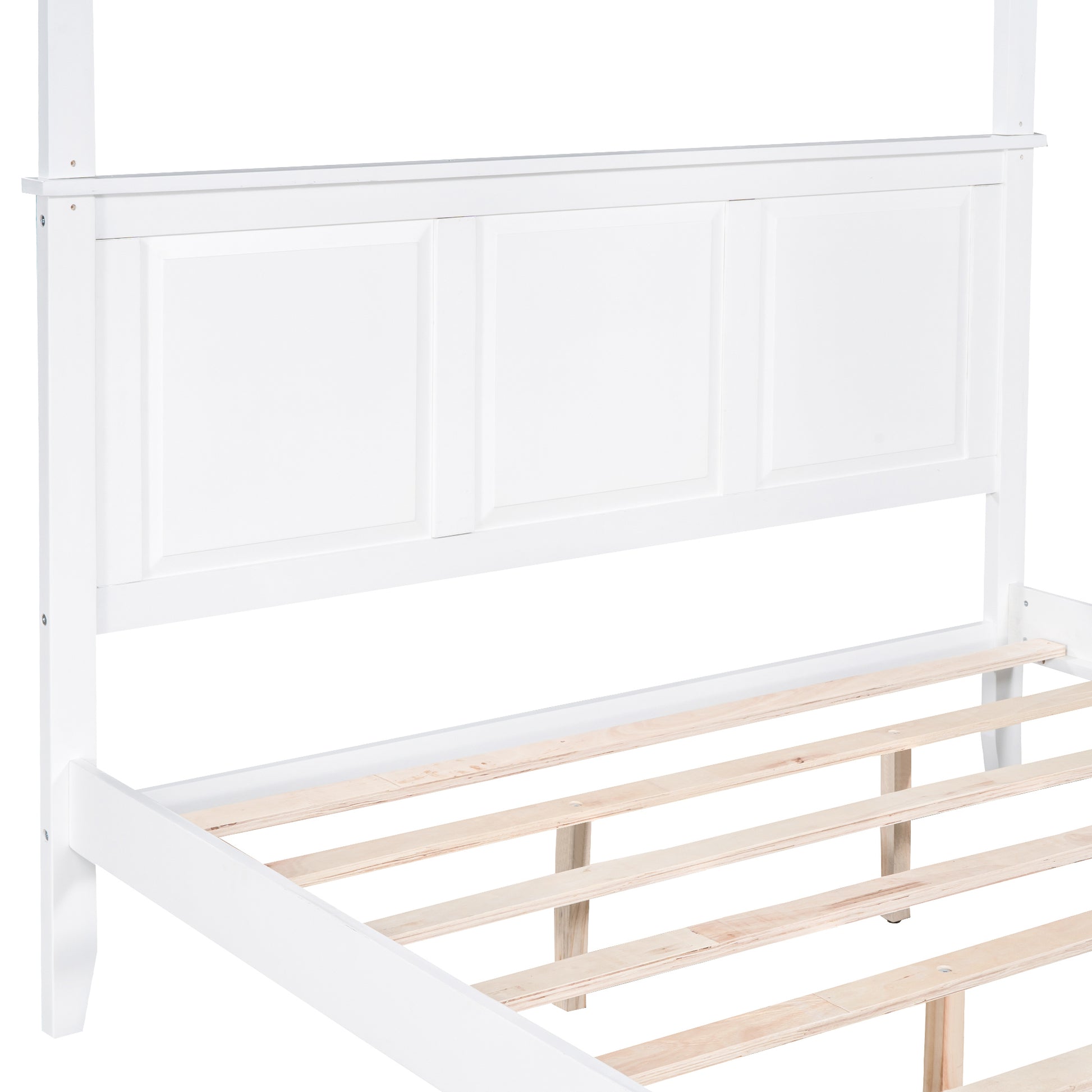 Queen Size Canopy Platform Bed With Headboard And Footboard,Slat Support Leg,White Box Spring Not Required Queen White Wood Canopy Pine