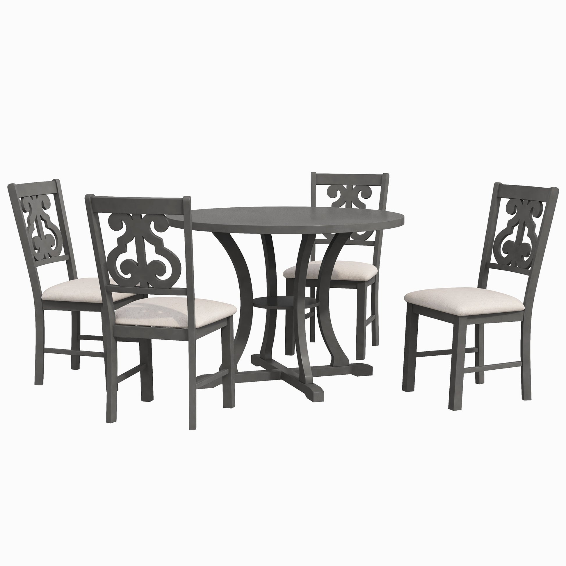 5 Piece Round Dining Table And Chair Set With Special Shaped Legs And An Exquisitely Designed Hollow Chair Back For Dining Room Gray Gray Mdf