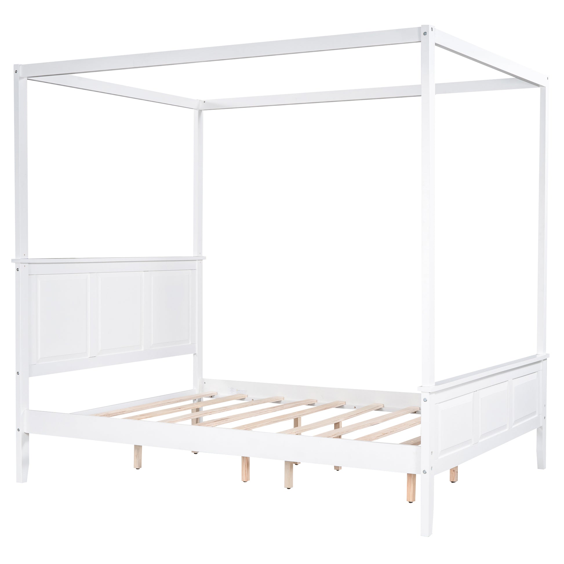 Queen Size Canopy Platform Bed With Headboard And Footboard,Slat Support Leg,White Box Spring Not Required Queen White Wood Canopy Pine
