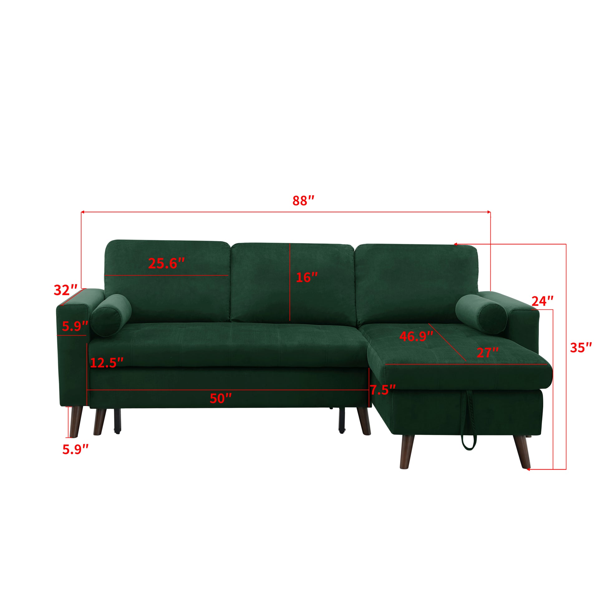 88 Inch Reversible Pull Out Sleeper Sectional Storage Sofa Bed,Corner Sofa Bed With Storage Chaise Left Right Handed Chaise Green Foam Velvet