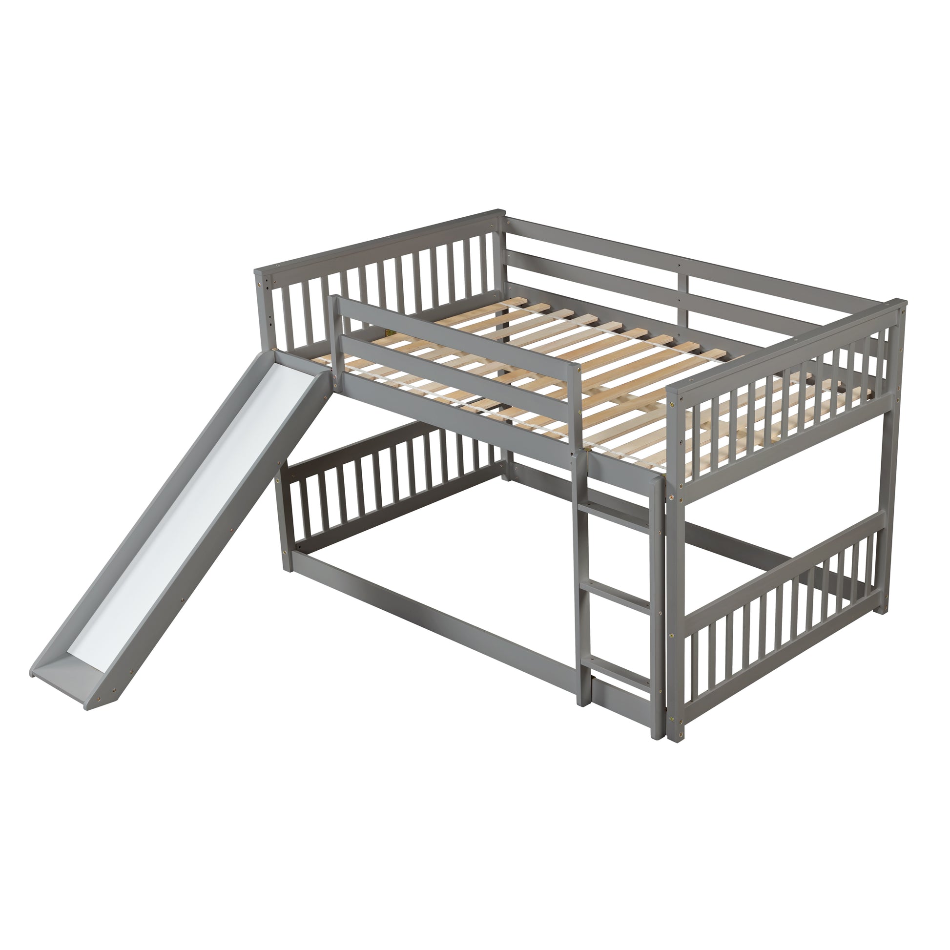 Full Over Full Bunk Bed With Slide And Ladder In Grey Color Grey Pine
