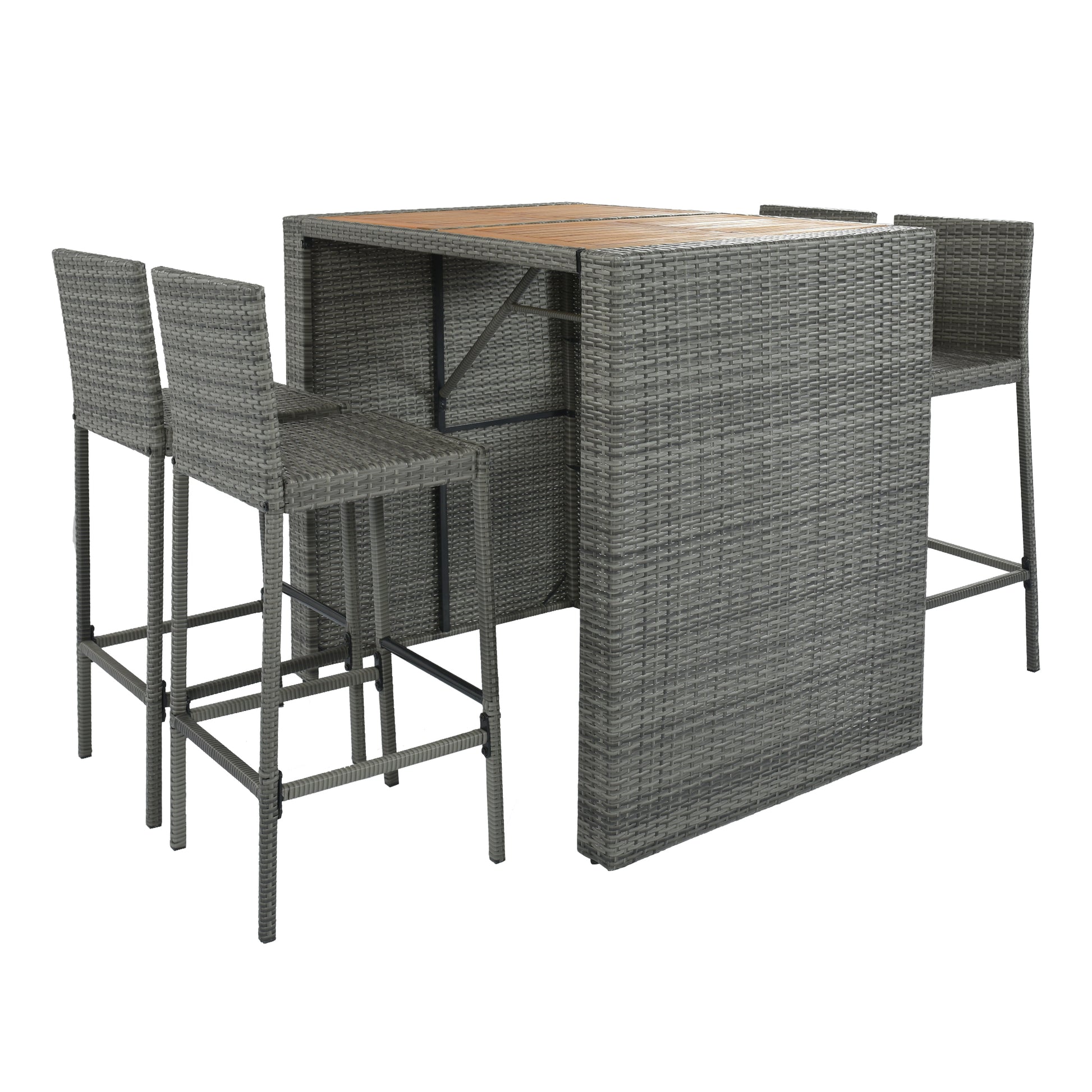 5 Pieces Outdoor Patio Wicker Bar Set, Bar Height Chairs With Non Slip Feet And Fixed Rope, Removable Cushion, Acacia Wood Table Top, Brown Wood And Gray Wicker Yes Gray Wicker