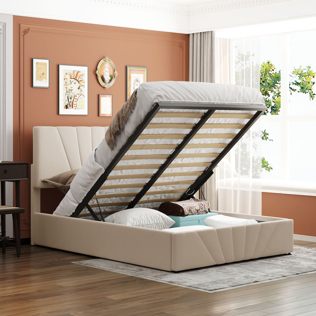 Full Size Upholstered Platform Bed With A Hydraulic Storage System Beige Beige Upholstered