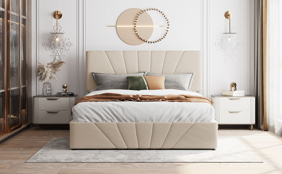 Queen Size Upholstered Platform Bed With A Hydraulic Storage System Beige Beige Upholstered