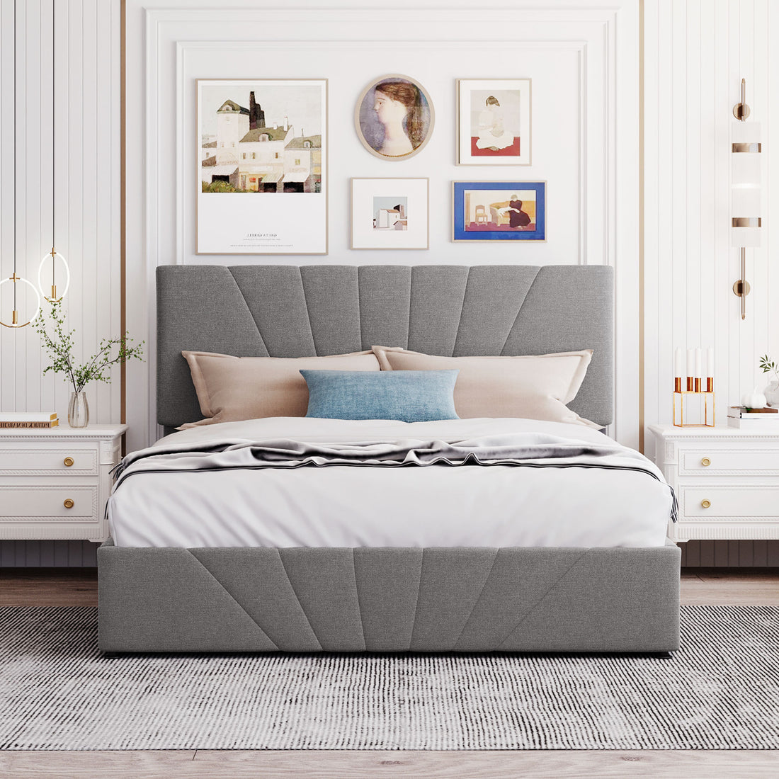 Queen Size Upholstered Platform Bed With A Hydraulic Storage System Gray Gray Upholstered