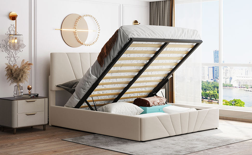 Queen Size Upholstered Platform Bed With A Hydraulic Storage System Beige Beige Upholstered