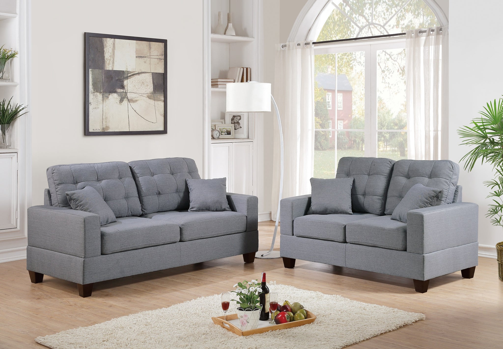 Living Room Furniture 2Pc Sofa Set Grey Polyfiber Tufted Sofa Loveseat W Pillows Cushion Couch Grey Wood Primary Living Space Tufted Back Contemporary,Modern Pine Square Arms Particle Board 4 Seat