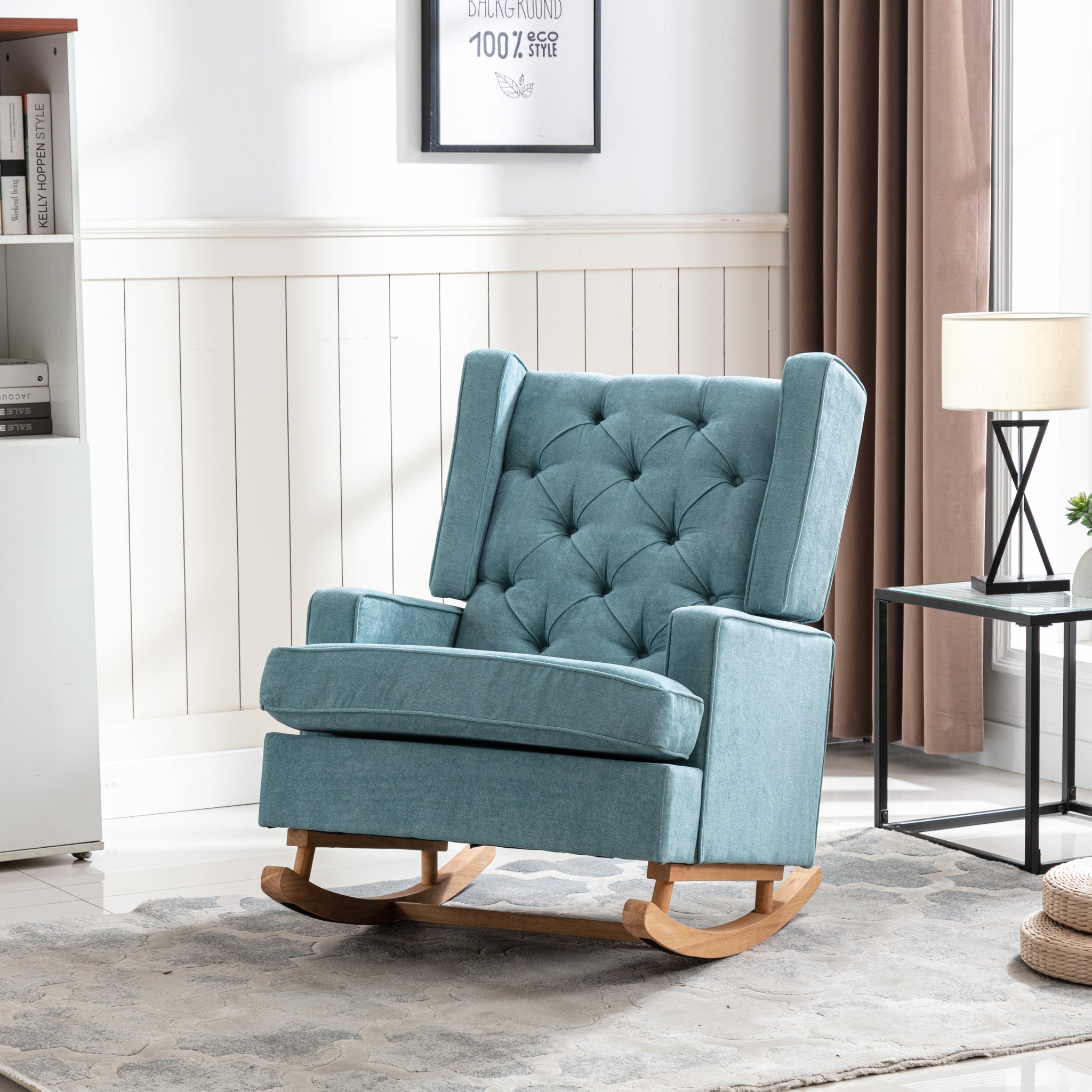 Coolmore Nursery Rocking Chair Upholstered Mid Century Modern Rocker Oversized Armchair For Living Room With Solid Wood Base Mint Green Mint Green Foam Polyester