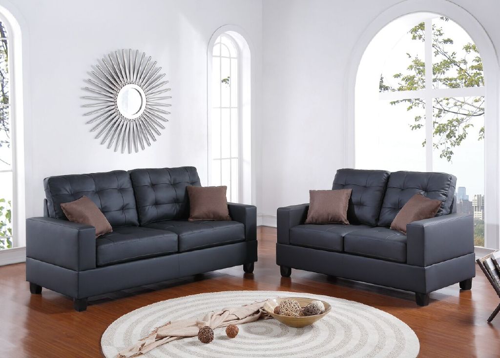 Living Room Furniture 2Pc Sofa Set Black Faux Leather Tufted Sofa Loveseat W Pillows Cushion Couch Black Faux Leather Wood Primary Living Space Tufted Back Contemporary,Modern Pine Square Arms Particle Board 4 Seat