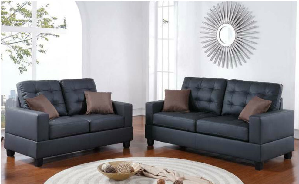 Living Room Furniture 2Pc Sofa Set Black Faux Leather Tufted Sofa Loveseat W Pillows Cushion Couch Black Faux Leather Wood Primary Living Space Tufted Back Contemporary,Modern Pine Square Arms Particle Board 4 Seat