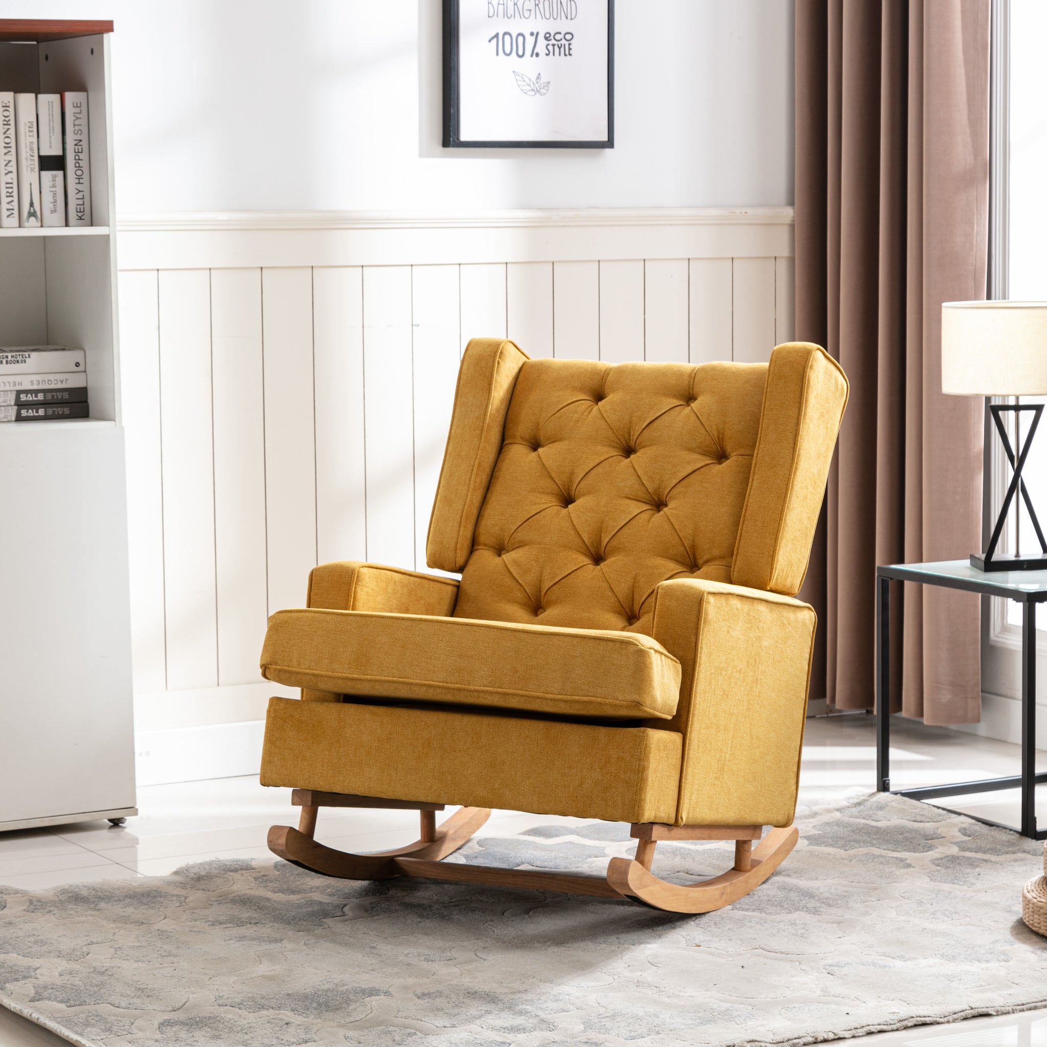 Coolmore Nursery Rocking Chair Upholstered Mid Century Modern Rocker Oversized Armchair For Living Room With Solid Wood Base Mustard Mustard Primary Living Space Foam Linen