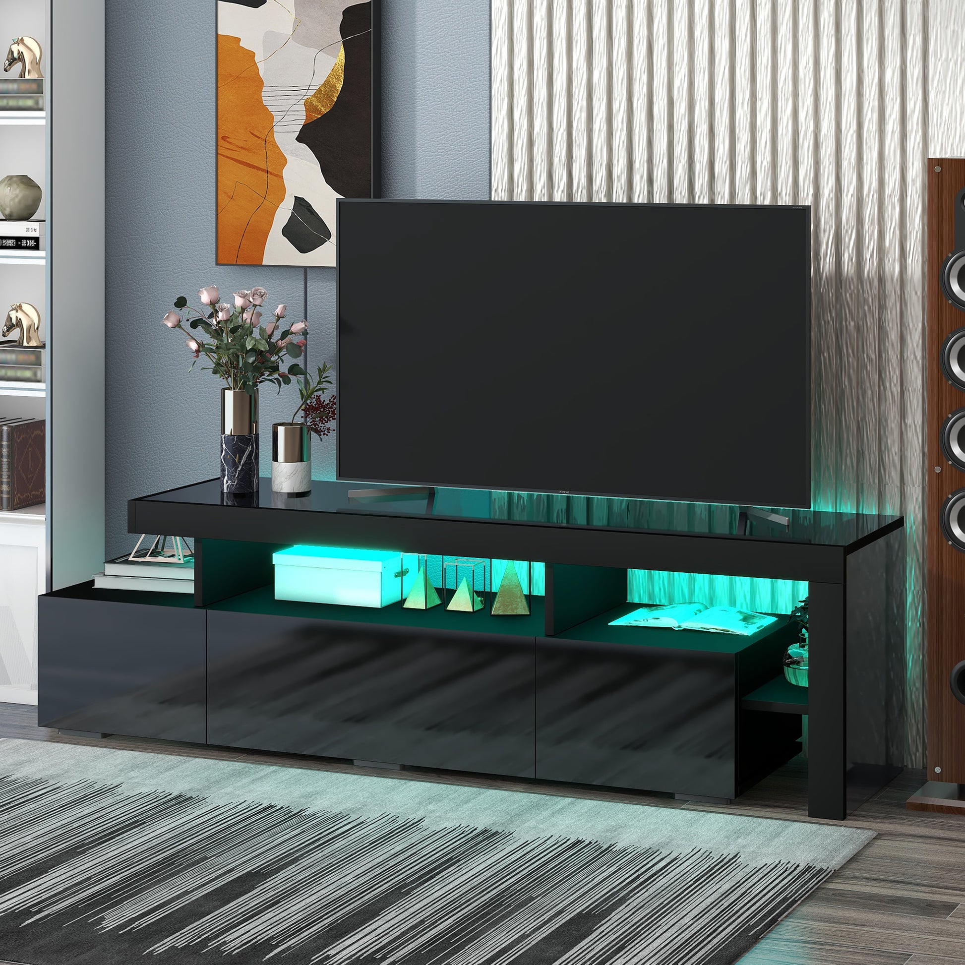 Modern Style 16 Colored Led Lights Tv Cabinet, Uv High Gloss Surface Entertainment Center With Dvd Shelf, Up To 70 Inch Tv, Black Black Particle Board