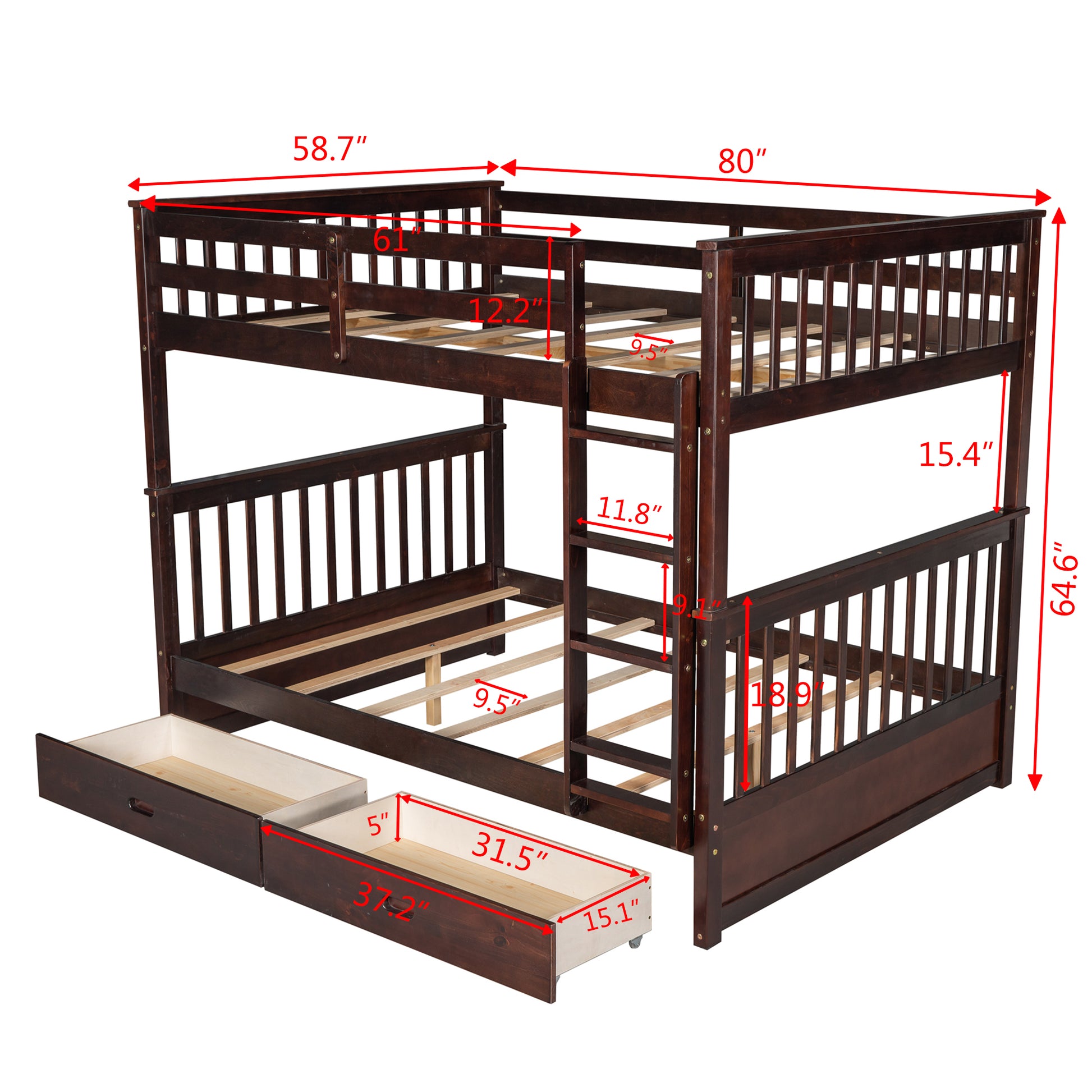 Full Over Full Bunk Bed With Ladders And Two Storage Drawers Espresso Old Sku:Lt000365Aap Espresso Solid Wood