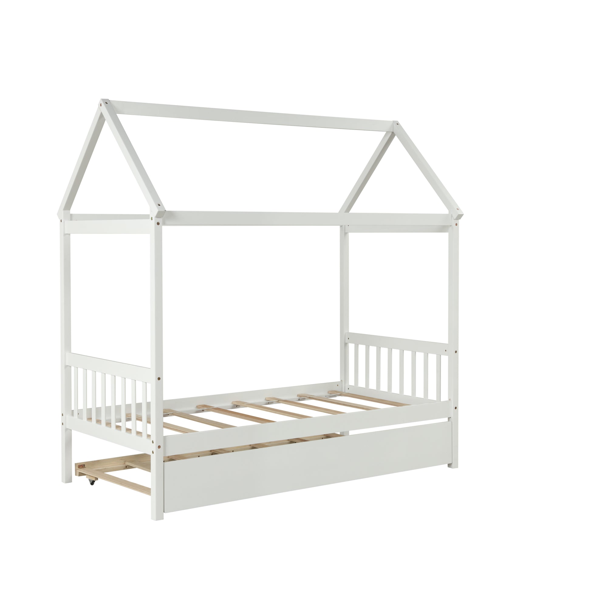 Solid Wood Twin House Bed Frame With Twin Size Trundle For White Color, No Box Spring Needed White Pine